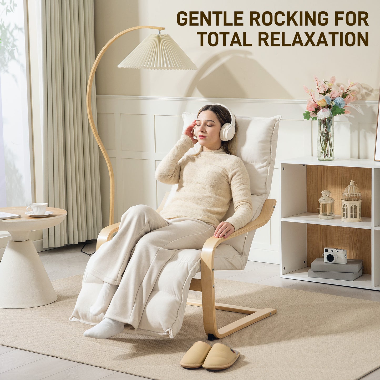HOMCOM Curved Wooden Accent Chair, with Adjustable Footrest - Cream White
