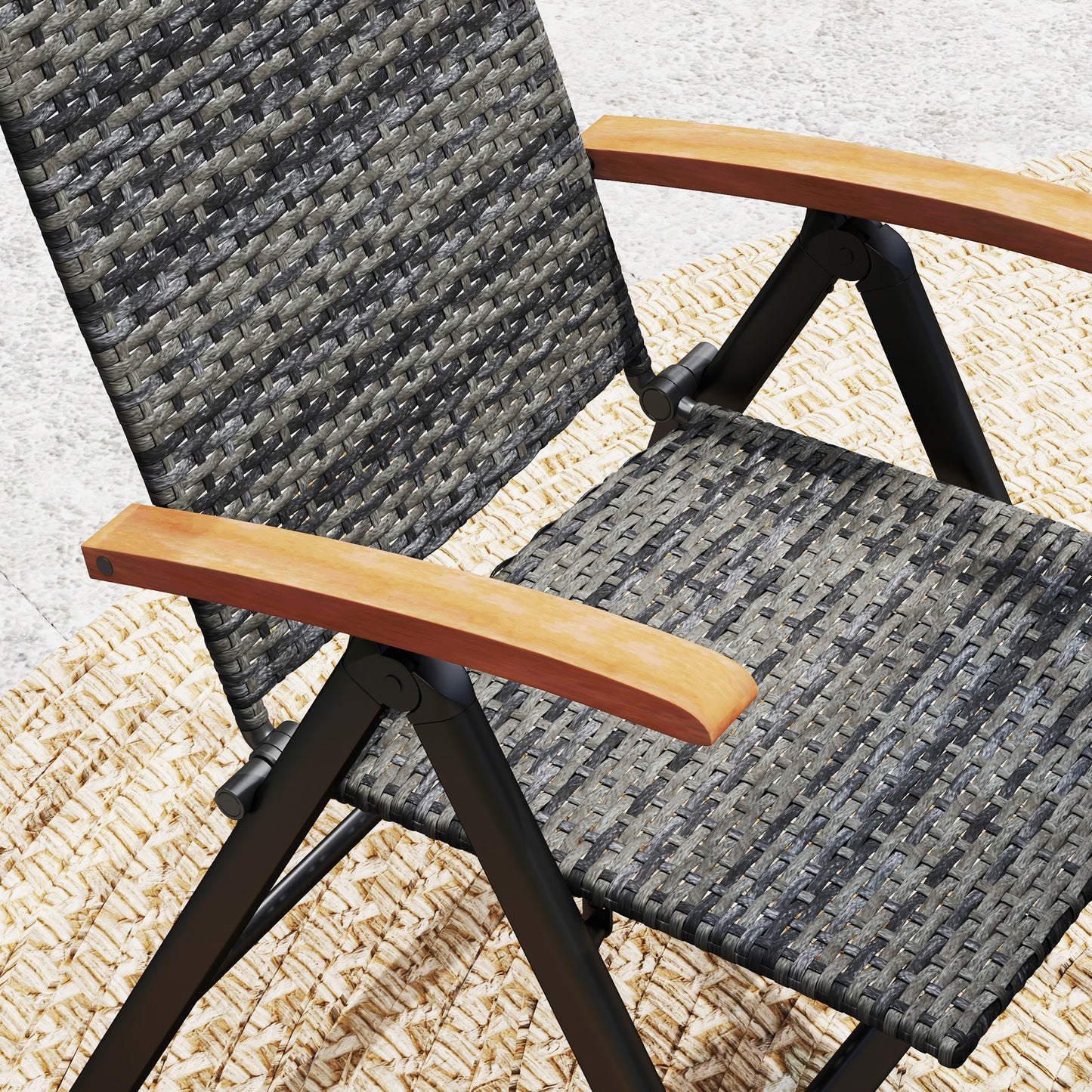 Outsunny Outdoor Folding Rattan Chair with Armrests, High Backrest, for Garden, Camping, Balcony, Porch - Mixed-grey