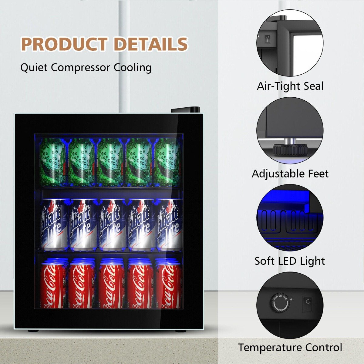 46L Mini Fridge Beverage Cooler Refrigerator Low Noise Drink Dispenser Machine-Black