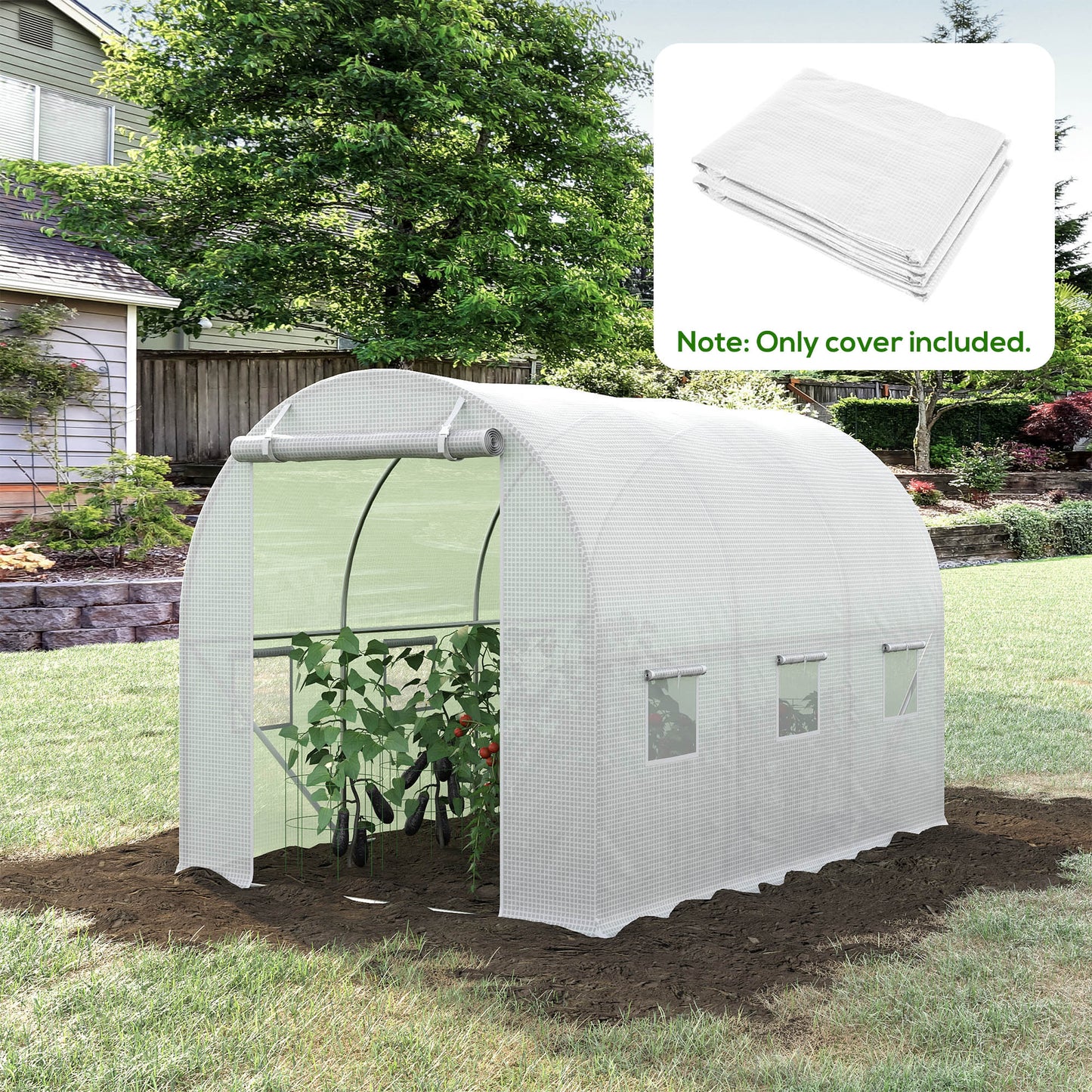 Outsunny 3 x 2 x 2m Greenhouse Replacement Cover ONLY Winter Garden Plant PE Cover for Tunnel Walk-in Greenhouse with Roll-up Windows Door Outdoor, White