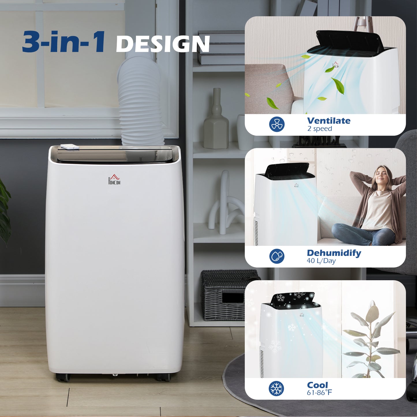 HOMCOM 14000 BTU Air Conditioning Unit, 3-in-1 Portable Air Conditioner, Dehumidifier, Fan with 3 Speeds, Sleep Mode, Remote, LED Display, 24H Timer, Window Venting Kit, Children Lock, 430 sq.ft
