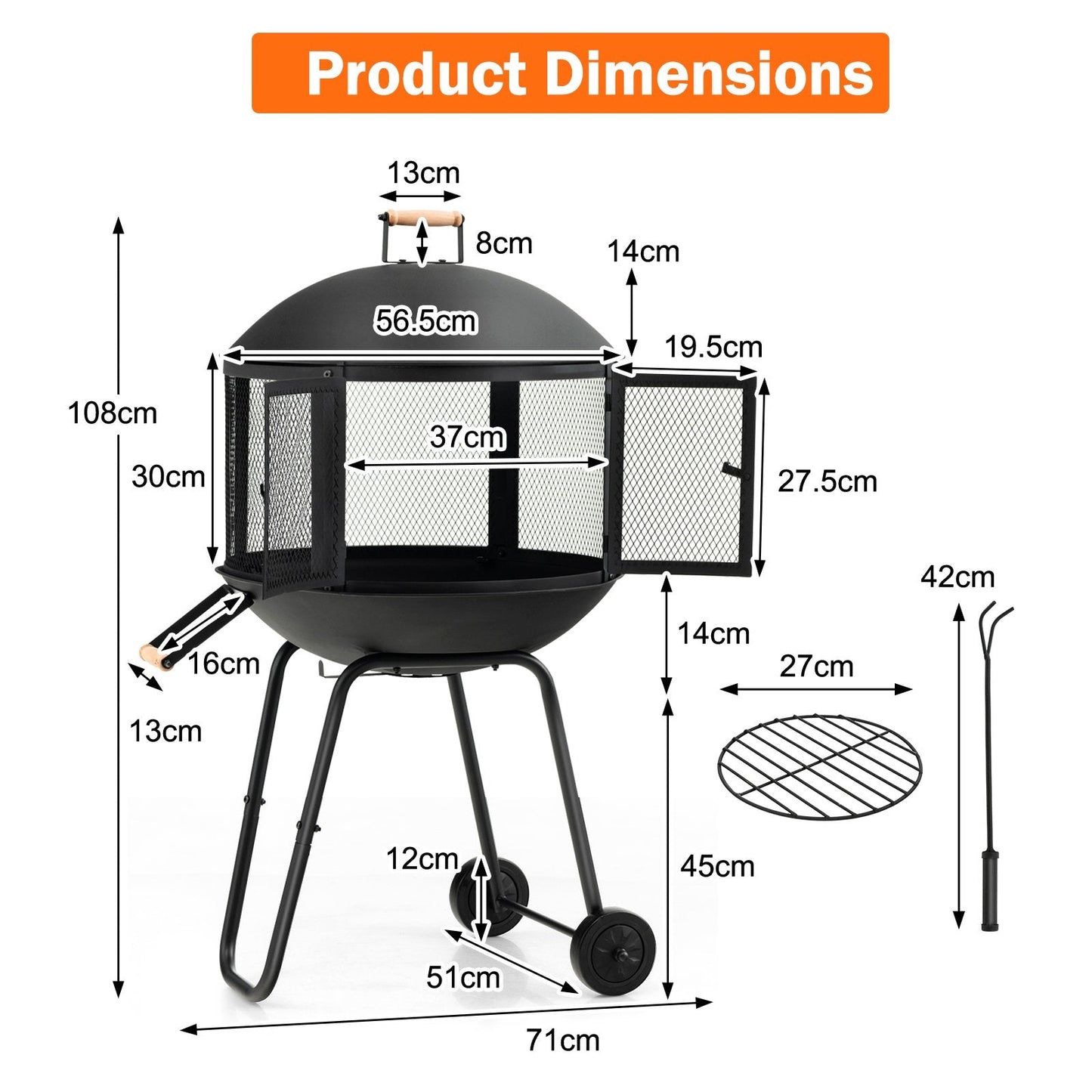 2-in-1 Rolling Patio Fire Pit with Wheels and Handle-Black