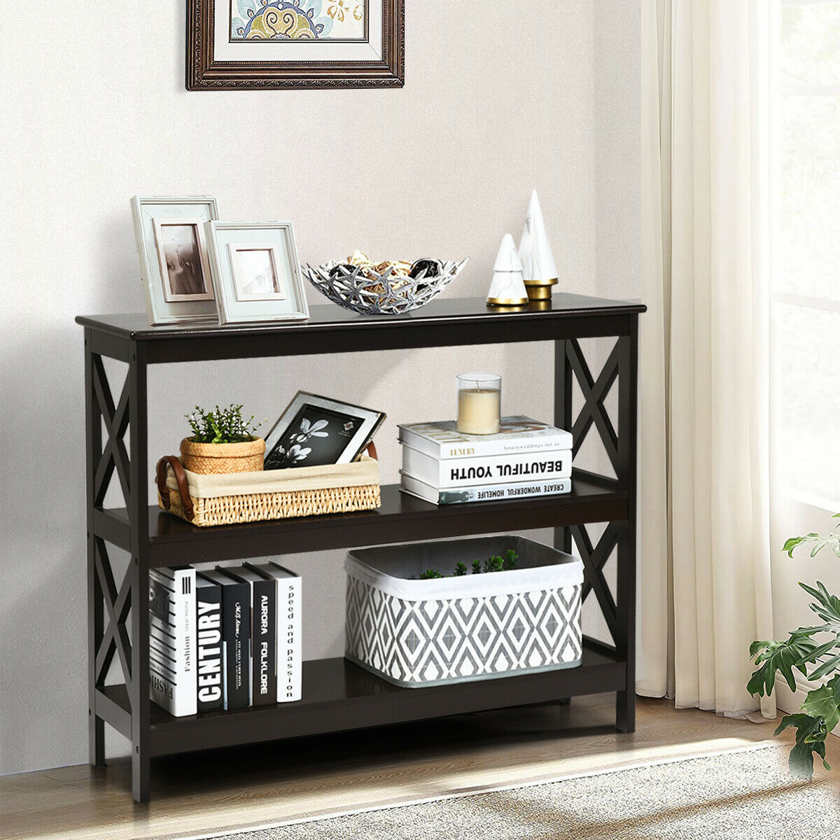 Industrial 3-Tier Console Table with Storage Shelf-Brown