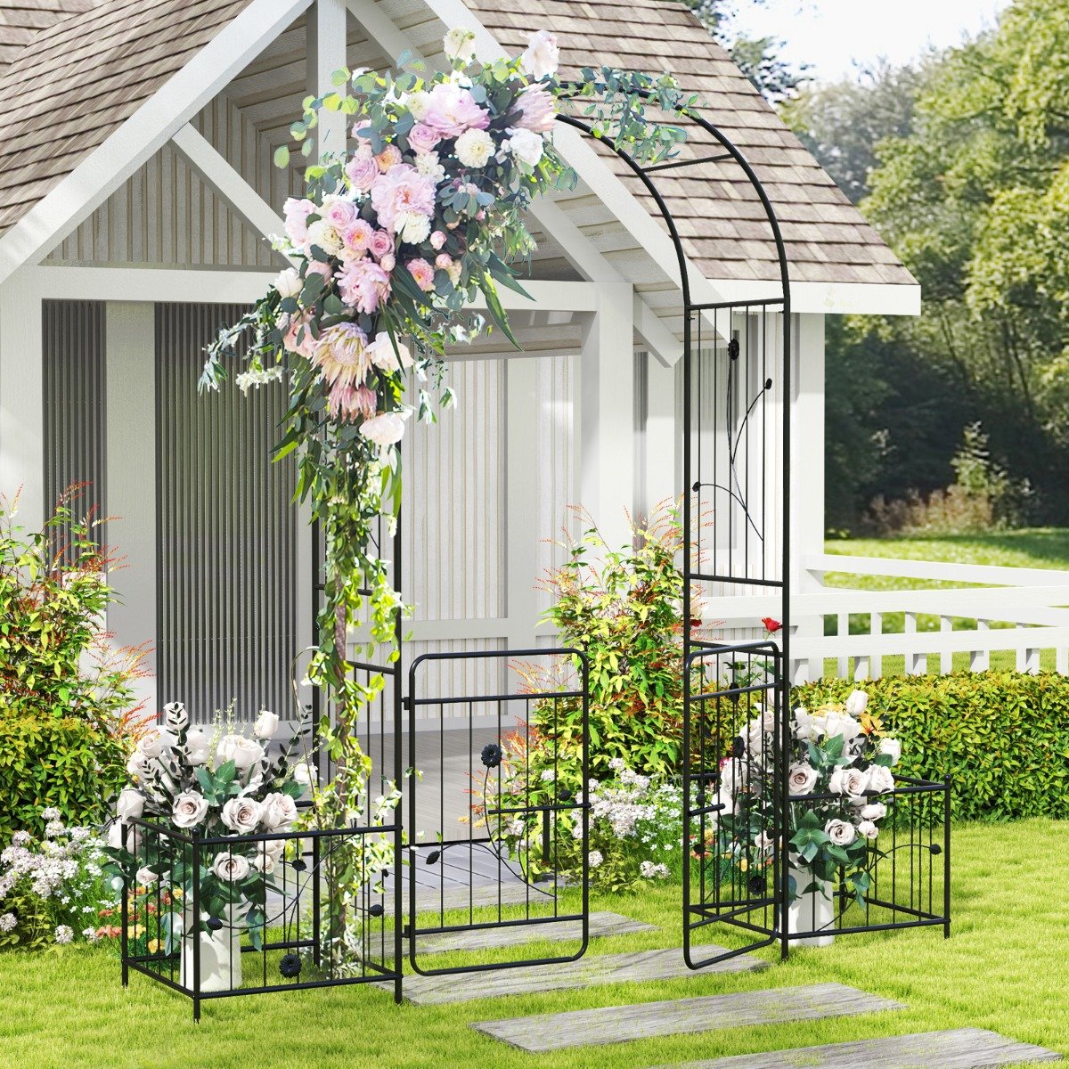 220cm Garden Arbor Metal Arch Trellis Lockable Gate with Side Planters-Black