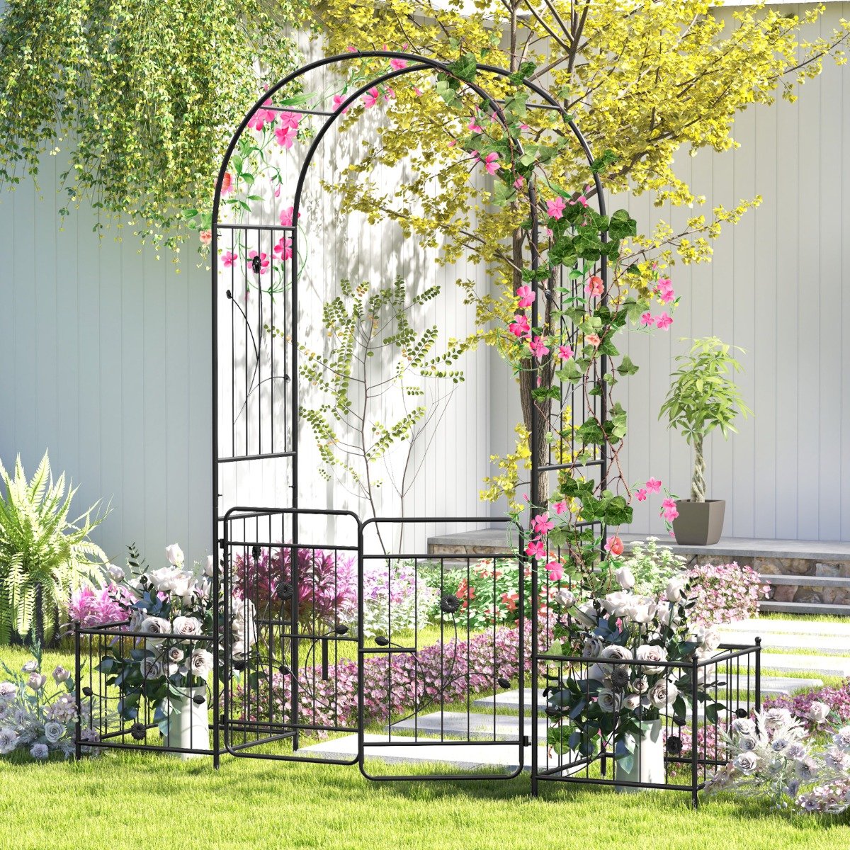 220cm Garden Arbor Metal Arch Trellis Lockable Gate with Side Planters-Black