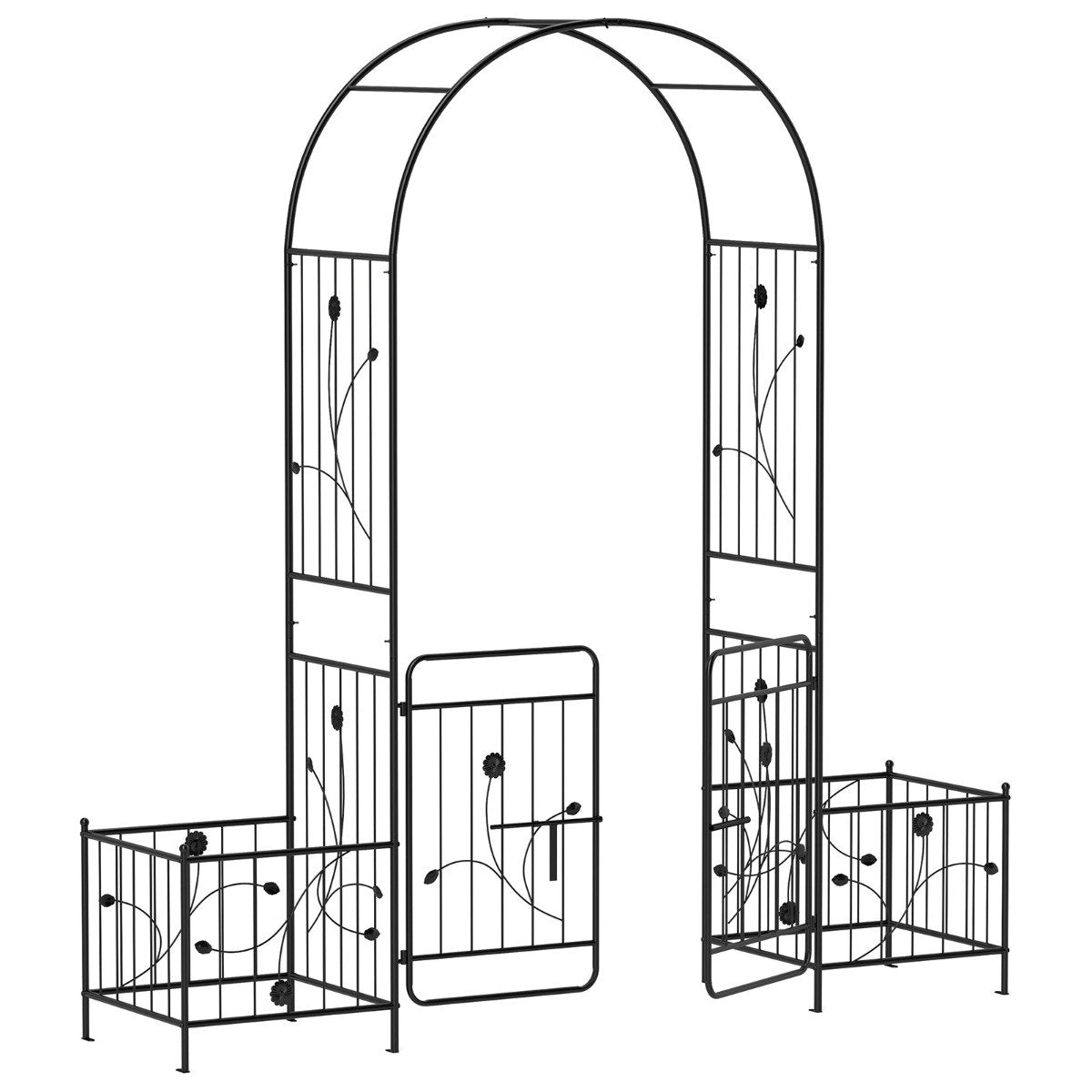 220cm Garden Arbor Metal Arch Trellis Lockable Gate with Side Planters-Black