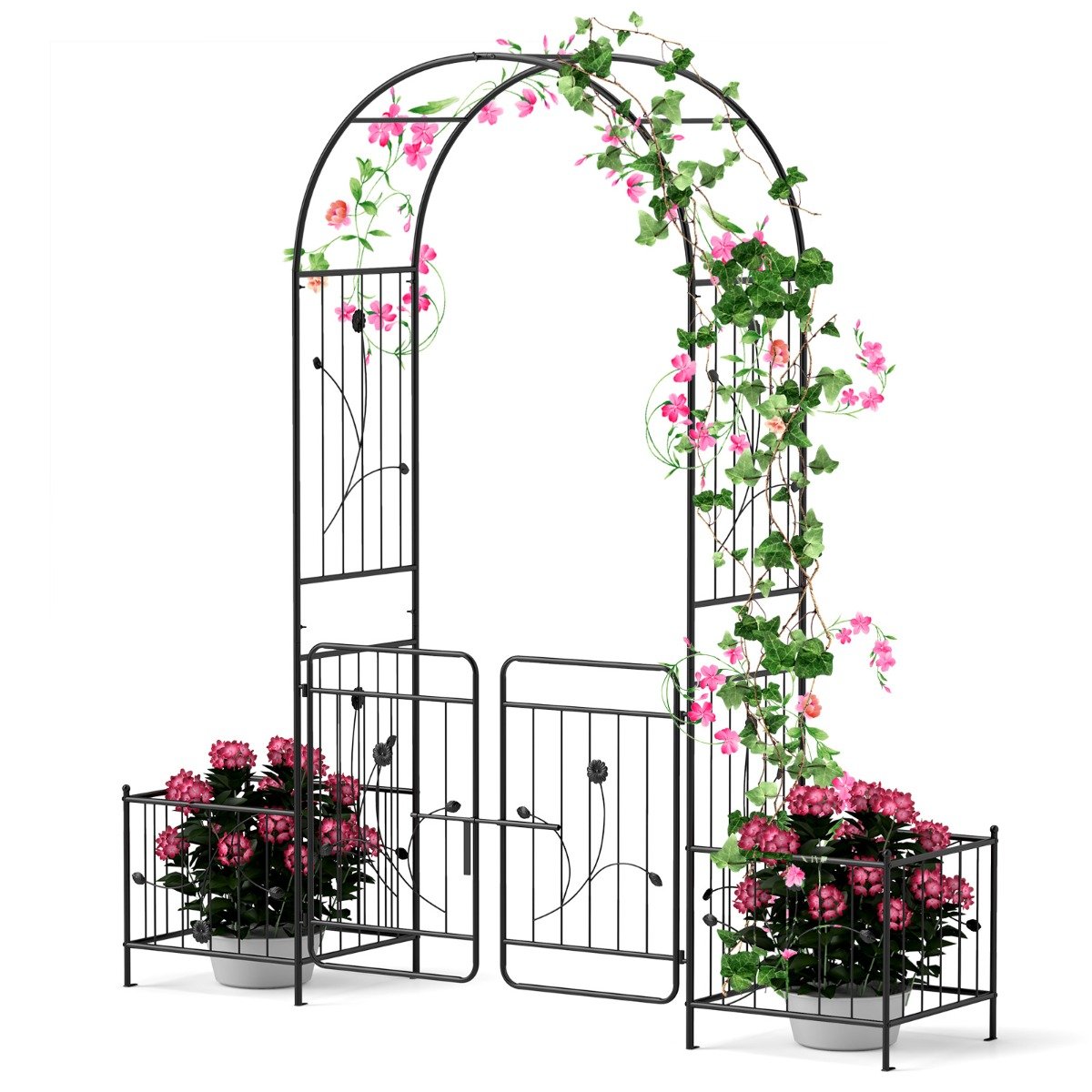 220cm Garden Arbor Metal Arch Trellis Lockable Gate with Side Planters-Black