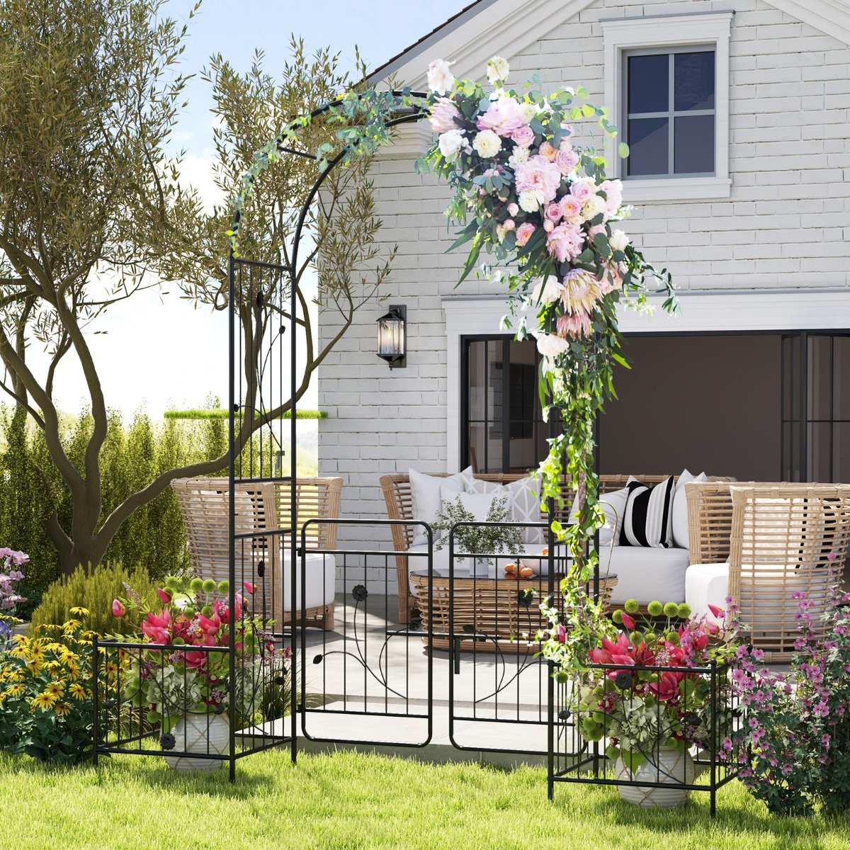 220cm Garden Arbor Metal Arch Trellis Lockable Gate with Side Planters-Black