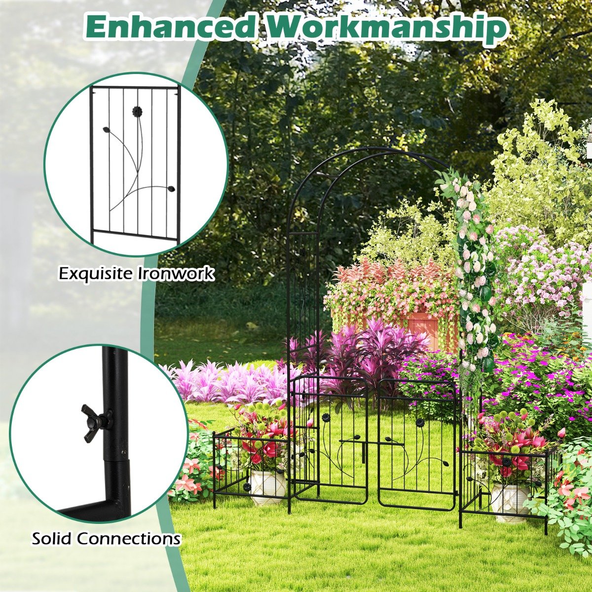 220cm Garden Arbor Metal Arch Trellis Lockable Gate with Side Planters-Black