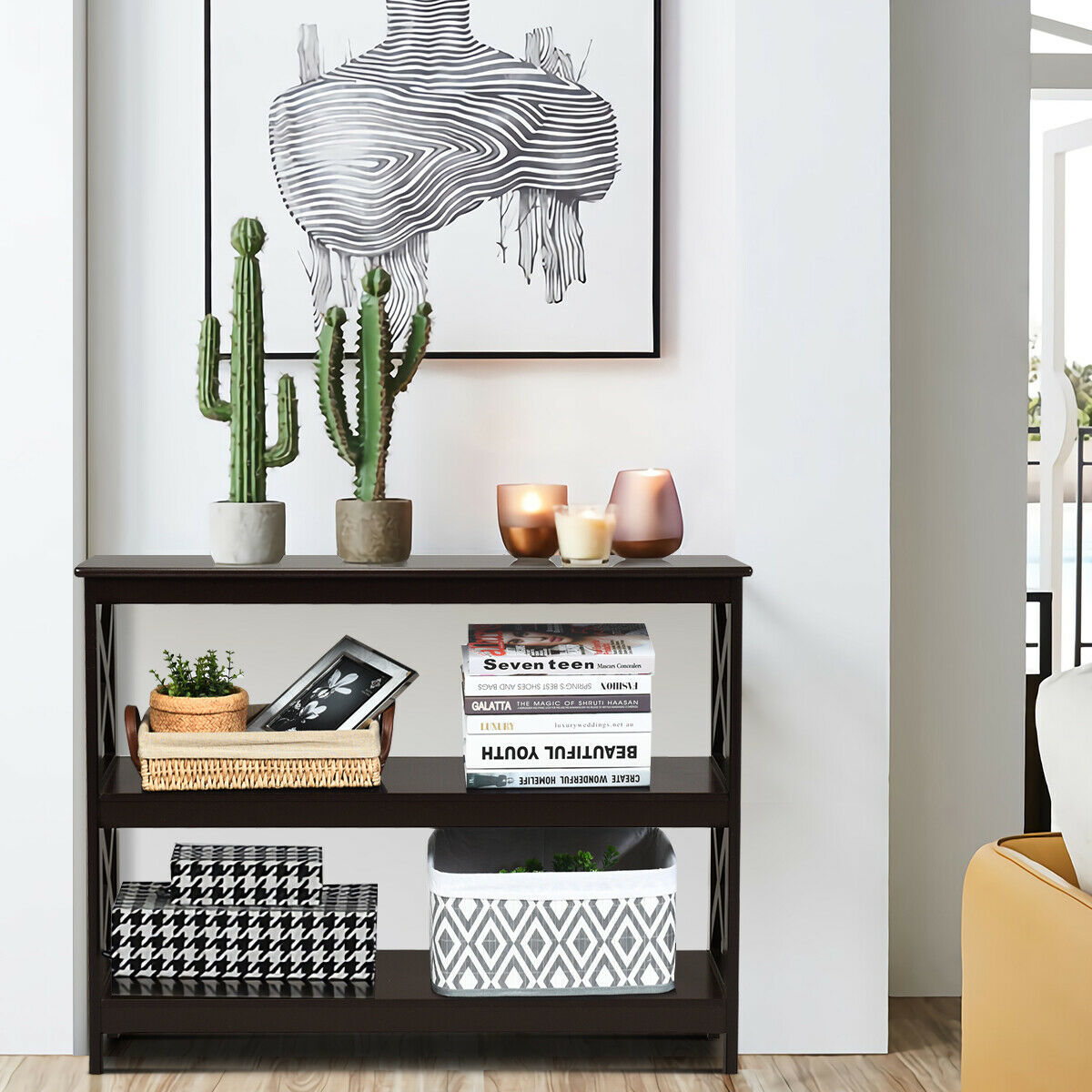 Industrial 3-Tier Console Table with Storage Shelf-Brown