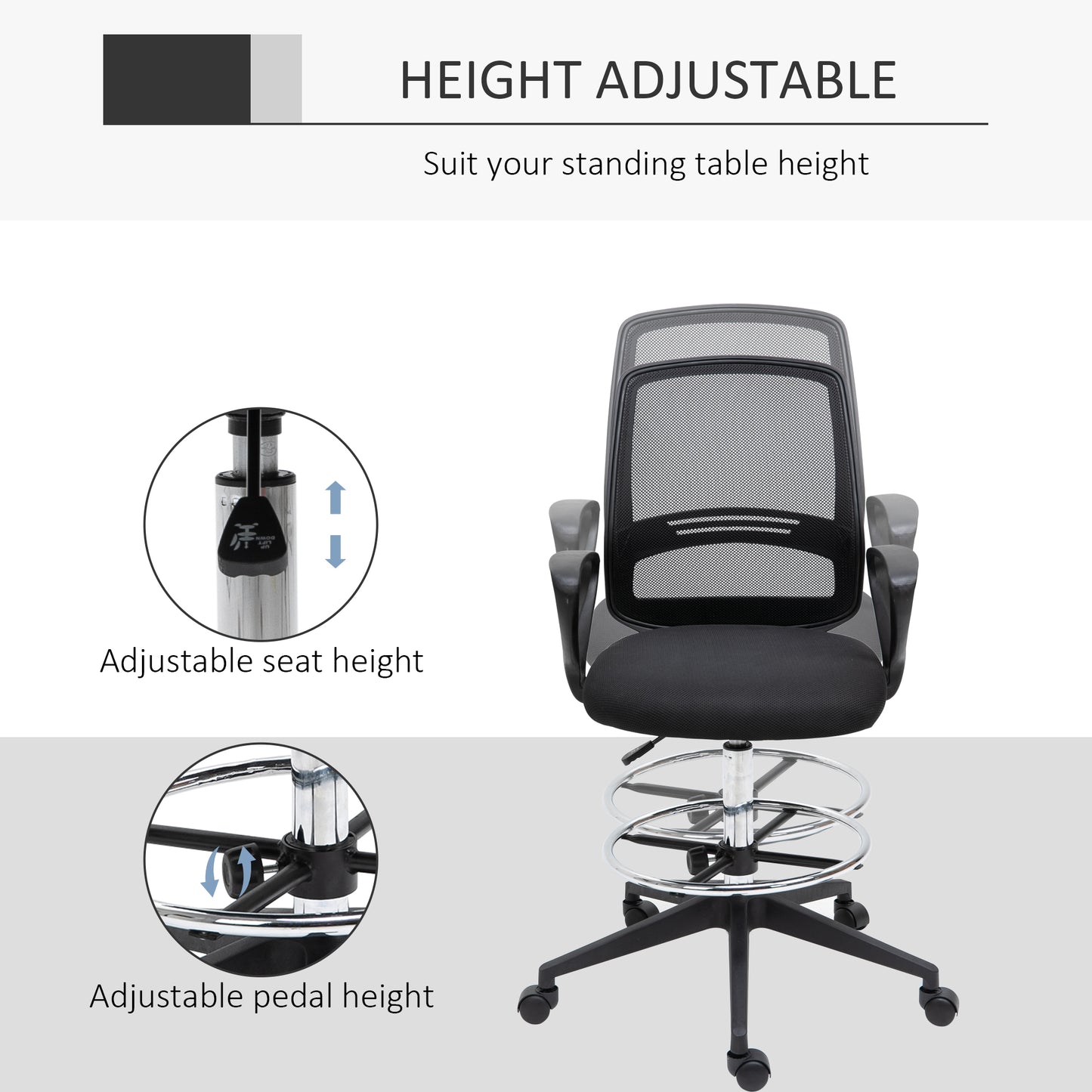 Vinsetto Ergonomic Mesh Back Draughtsman Chair, Tall Standing Desk Chair with Adjustable Height and Footrest 360° Swivel, Black