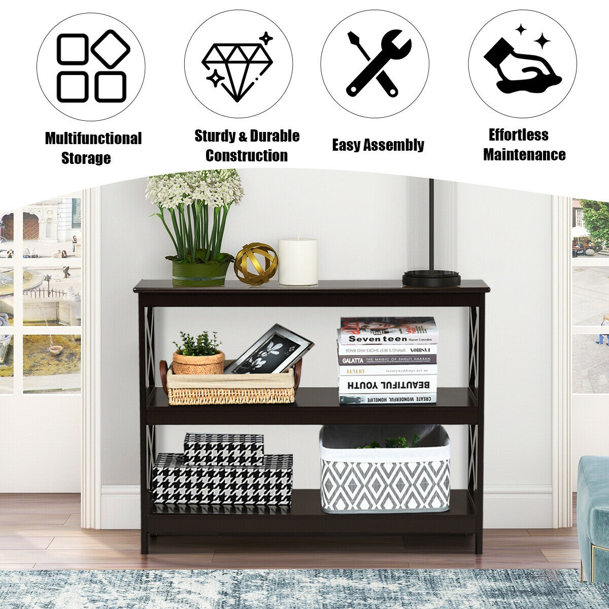 Industrial 3-Tier Console Table with Storage Shelf-Brown