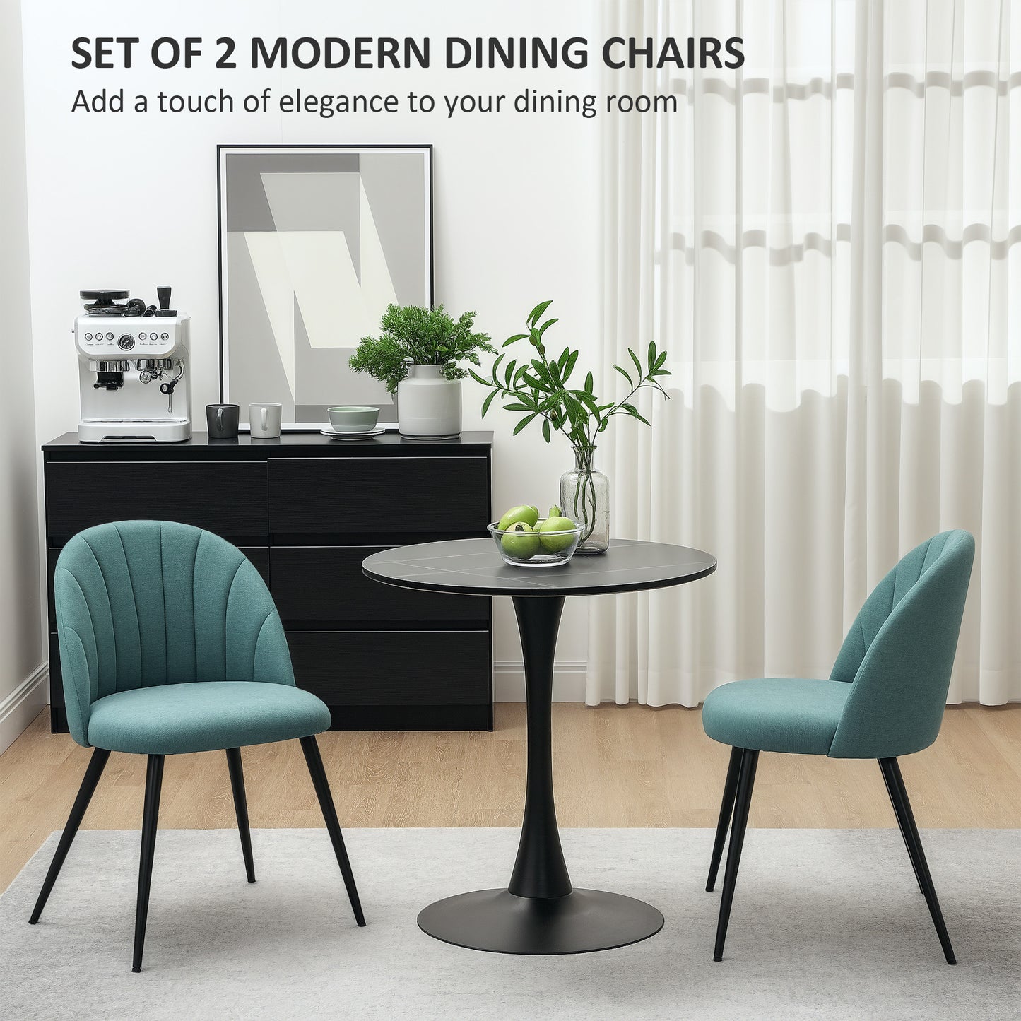 HOMCOM Velvet Dining Chairs Set of 2, Modern Upholstered Kitchen Chairs with Metal Legs, Shell Backrest and Padded Seat for Dining Room, Bedroom, Living Room, Vanity, Green