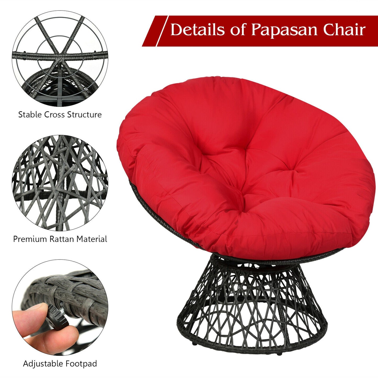 Rattan Papasan Chair with 360° Swivel and Soft Cushion-Red