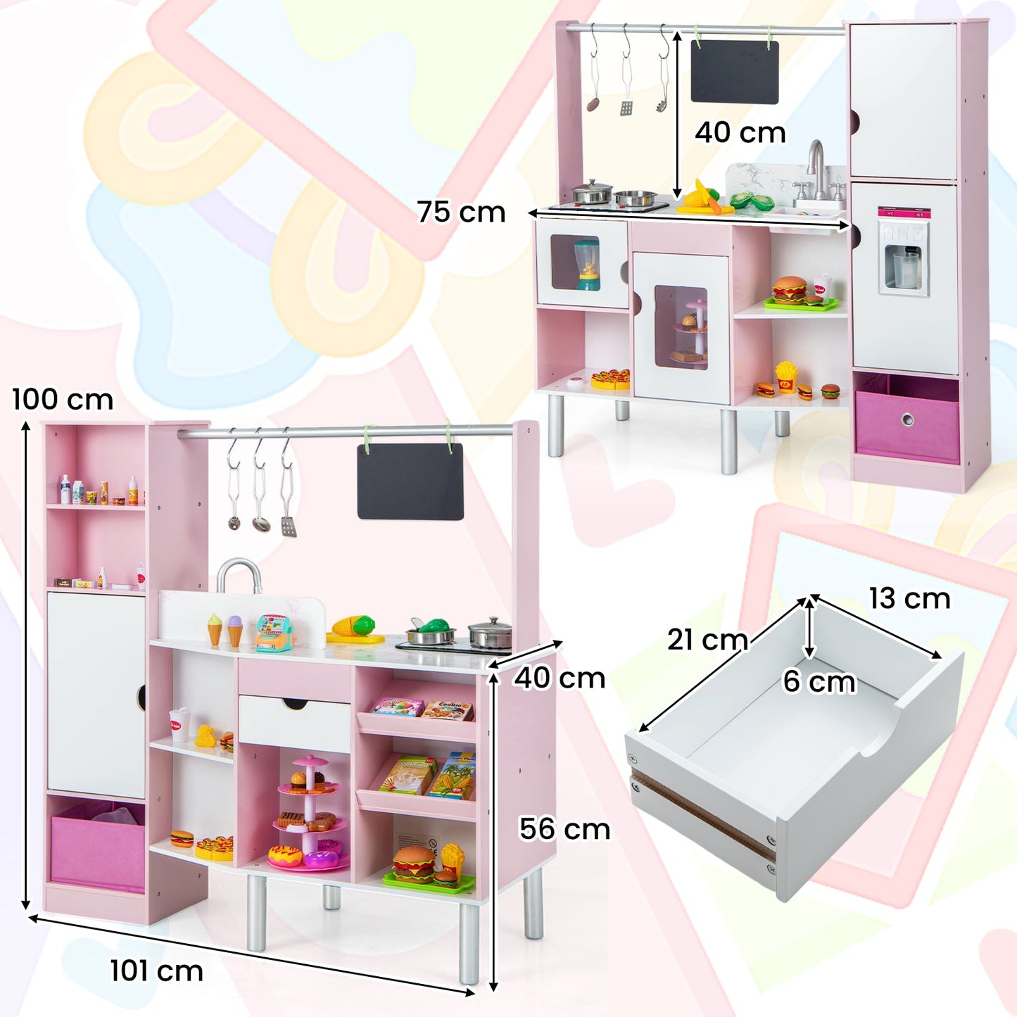 2-in-1 Kids Kitchen and Market Double-sided Play Kitchen-Pink