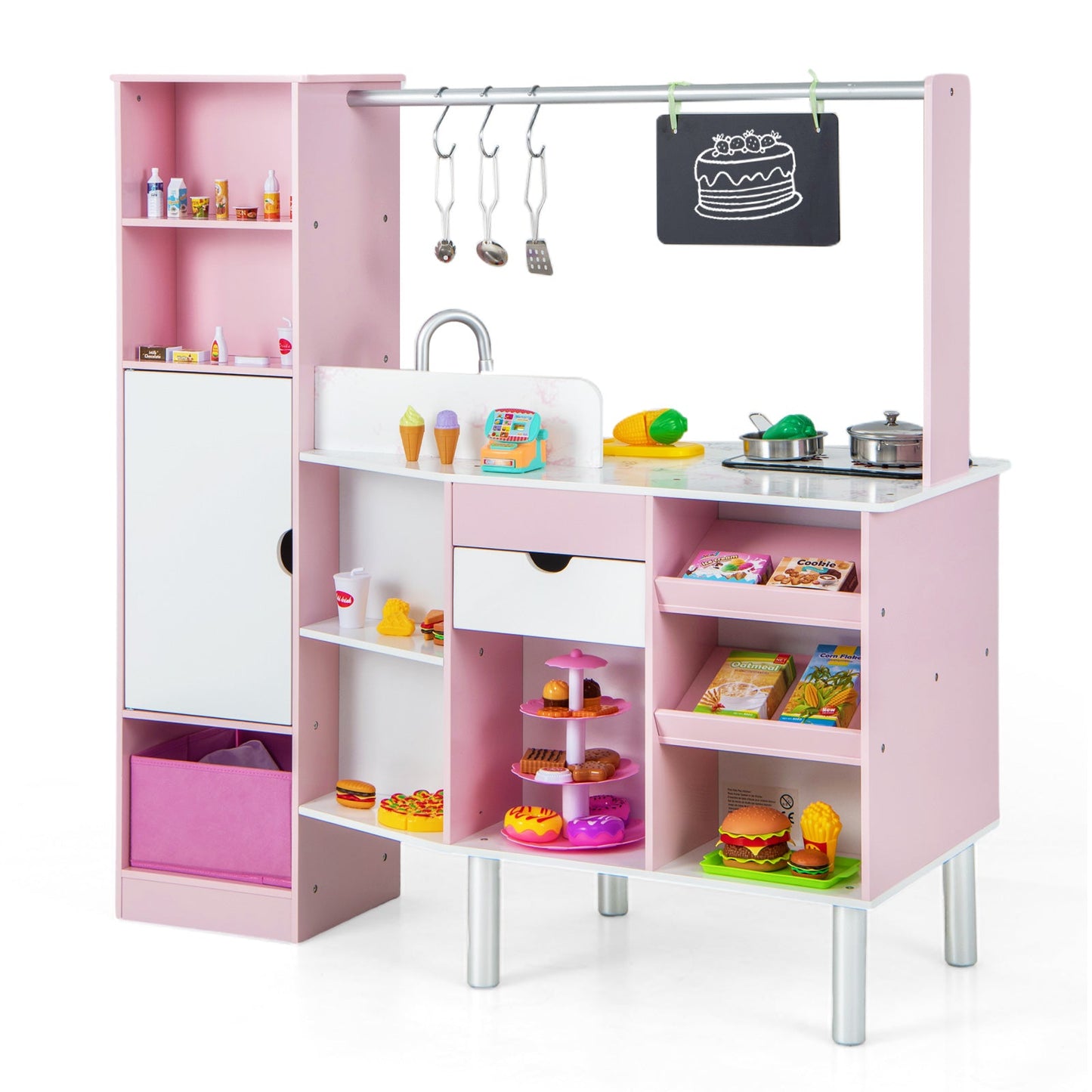 2-in-1 Kids Kitchen and Market Double-sided Play Kitchen-Pink
