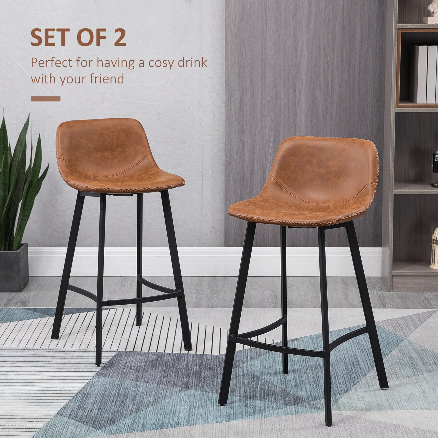 HOMCOM Bar Stools Set of 2, PU Leather Kitchen Stools, Upholstered Breakfast Bar Chairs with Backrest, Steel Legs for Home, Dining Room, Brown
