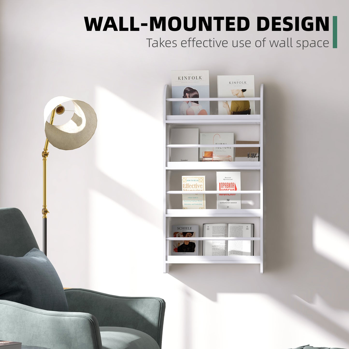 HOMCOM Hanging Wall File Holder, 4 Tier Desk Tidy Organiser, Paper Document Magazine Storage Rack with Wooden Baffles for Office Home, Accessories Supplies, White