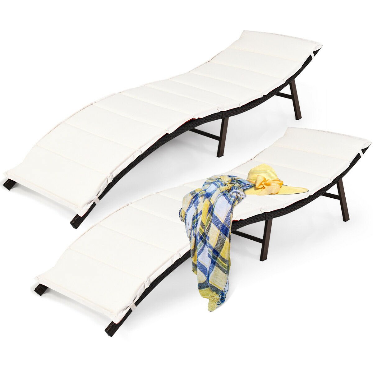 2PCS Folding Chaise Lounge Double-sided Cushioned