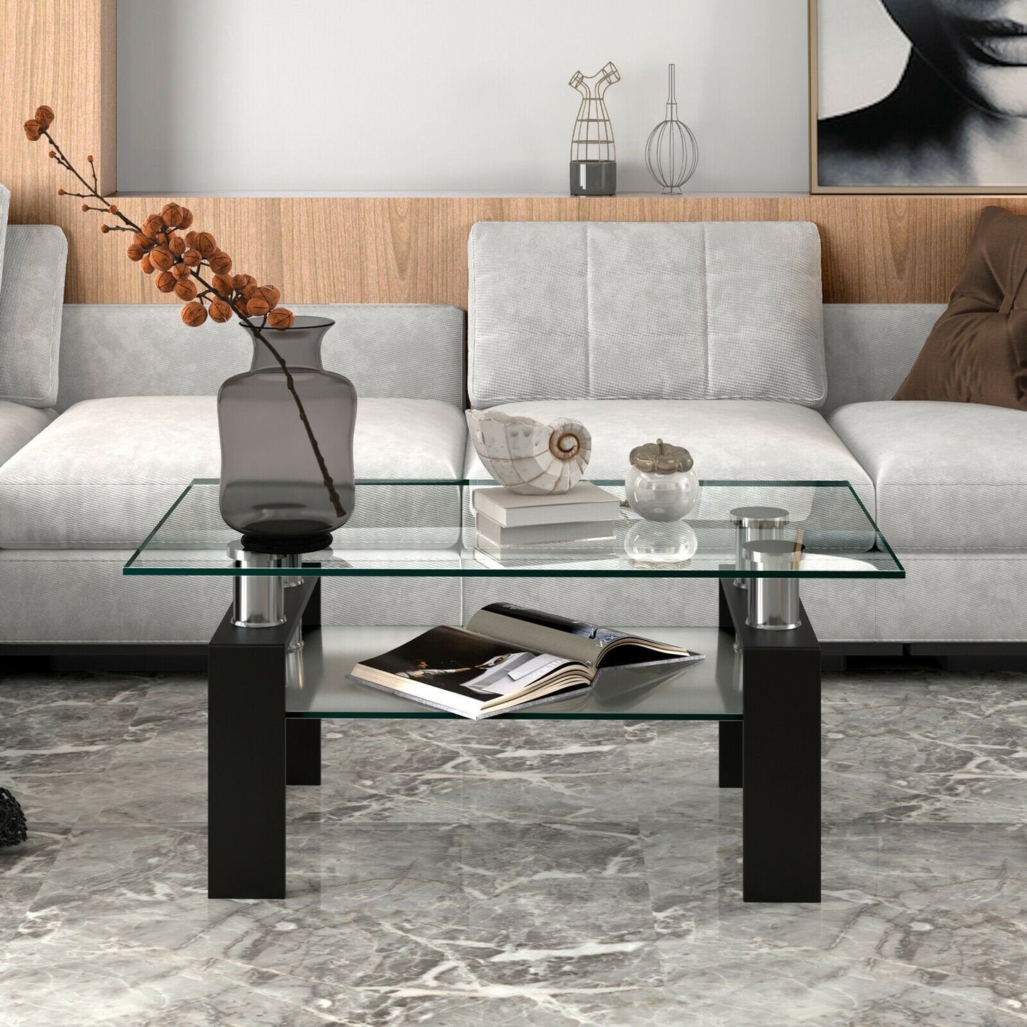 Modern Glass Coffee Tea Table with Open Shelf-Black