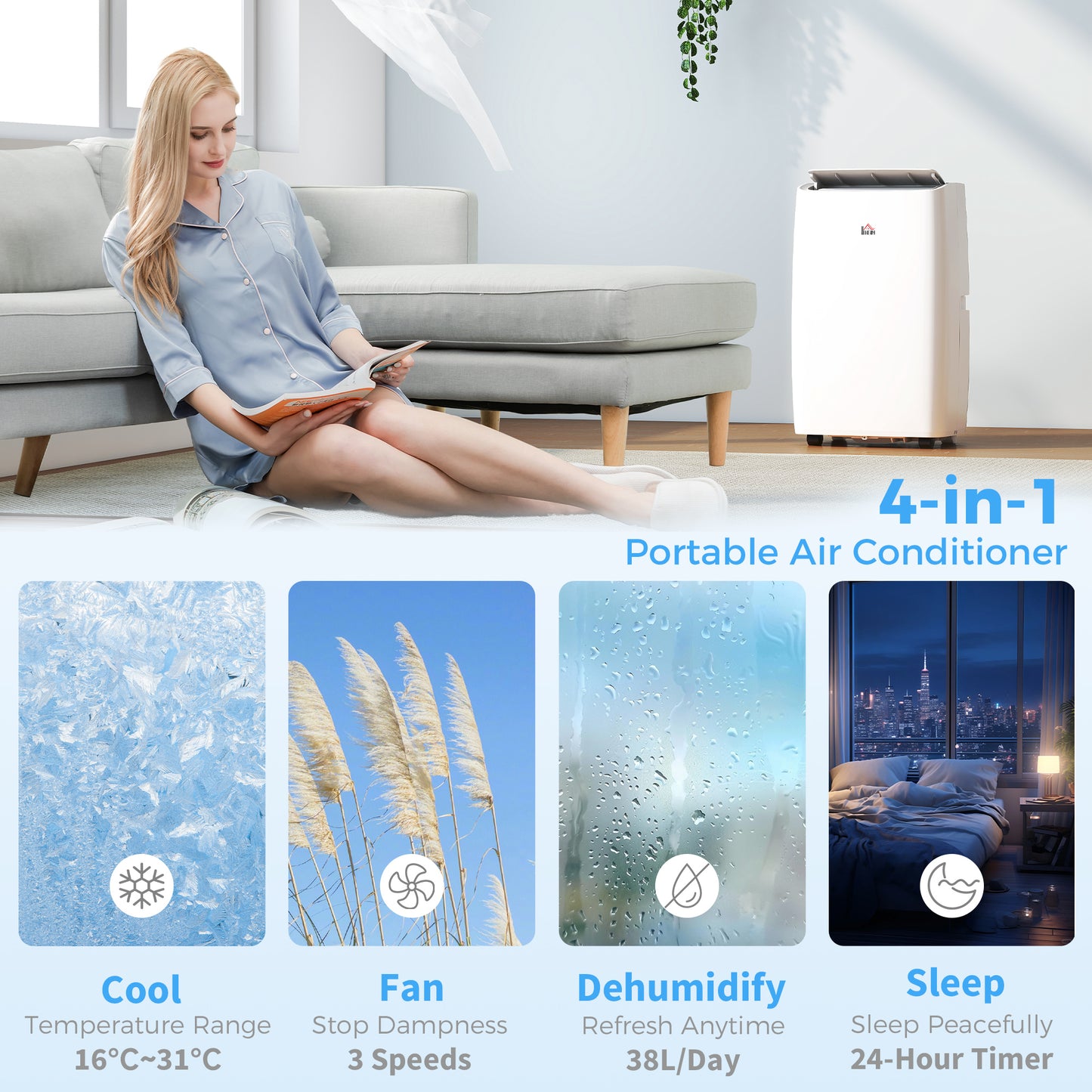 HOMCOM Portable Air Conditioner 12000 BTU, 4-in-1 Air Conditioning Unit, Dehumidifier, Cooling, Fan, Sleep Mode with 3 Speeds, Remote Control, LED Display, 24H Timer, Window Kit, Children Lock, 35m²