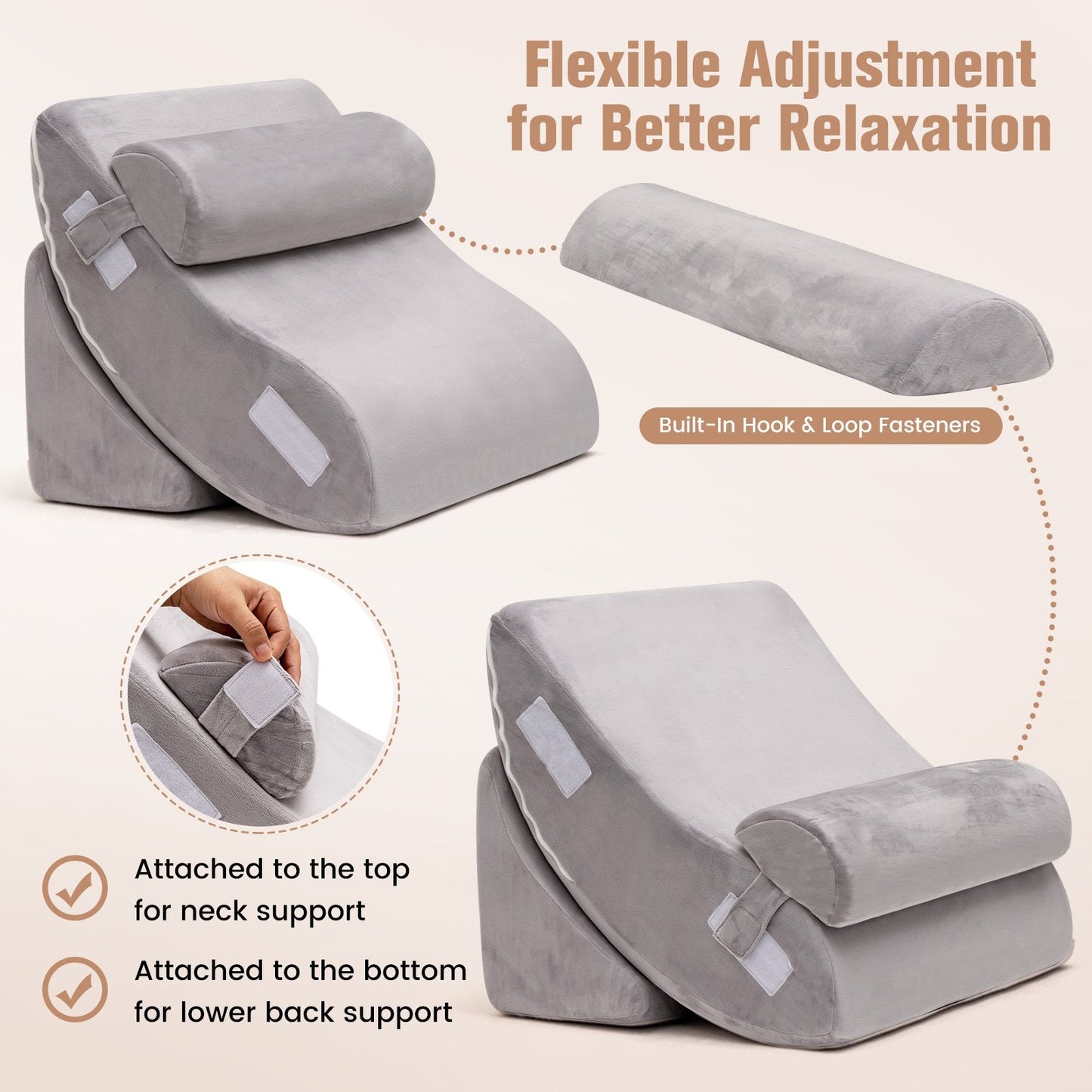 4 Pieces Memory Foam Bed Wedge Pillow Set with Machine Washable Cover-Grey