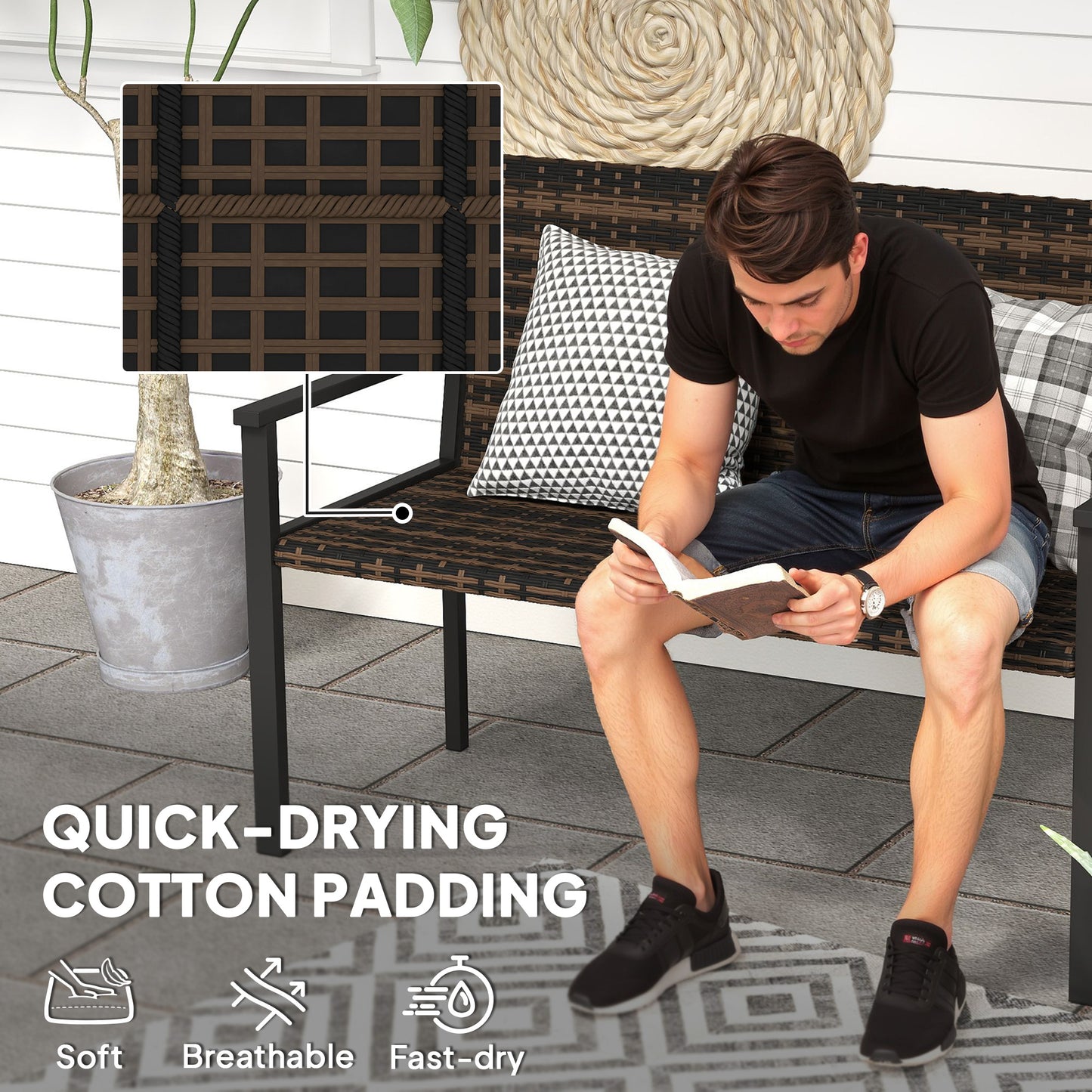 مقعد حديقة من الروطان من Outsunny، مقعد خارجي بحشوة قطنية سريعة الجفاف، أريكة حديقة من الخيزران مع مساند للذراعين، إطار فولاذي للفناء والحديقة، لون بني مختلط