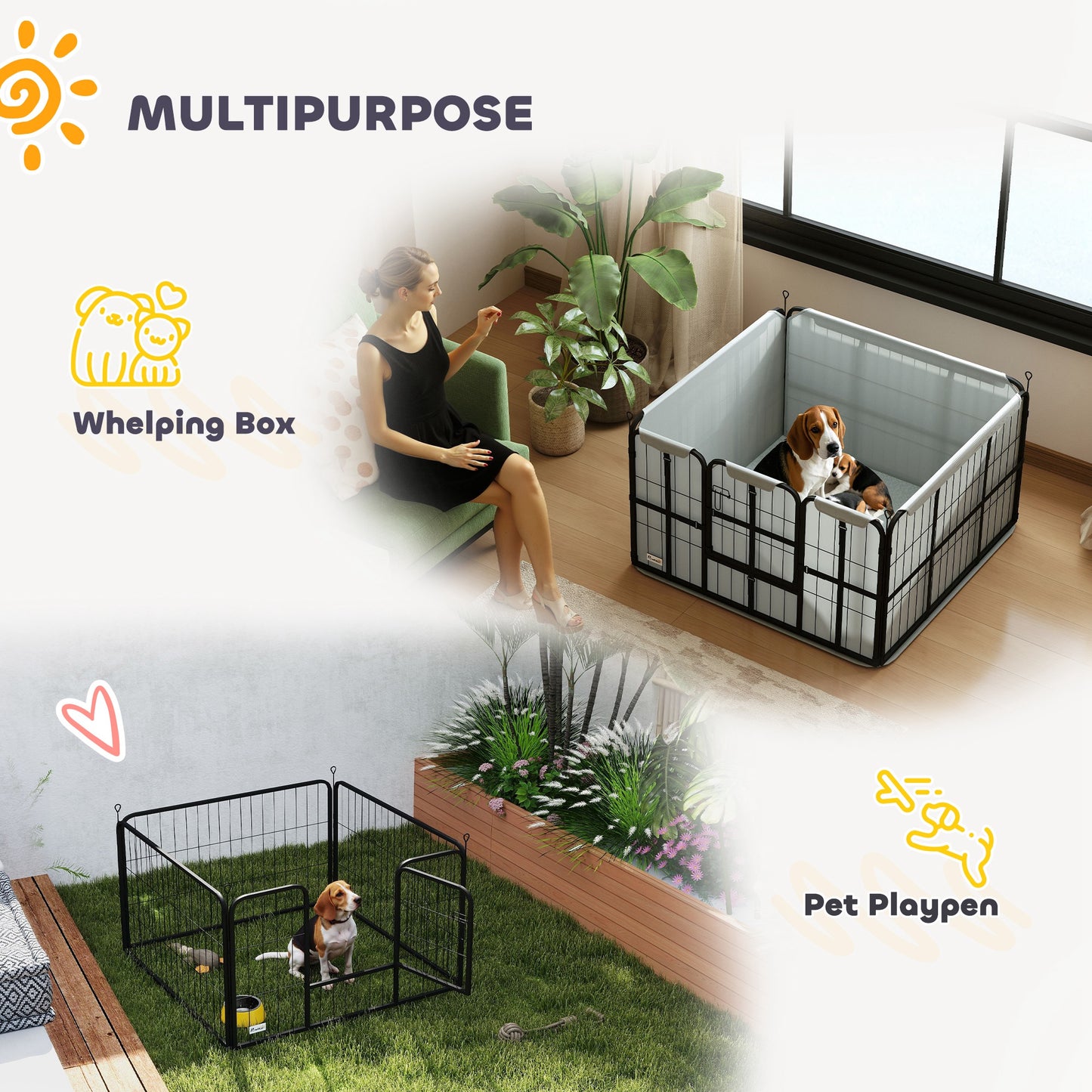 PawHut Steel Dog Whelping Box with Washable Whelping Pad, Wind-Resistant Cloth, for Small, Medium Dogs, 102 x 102 x 60cm