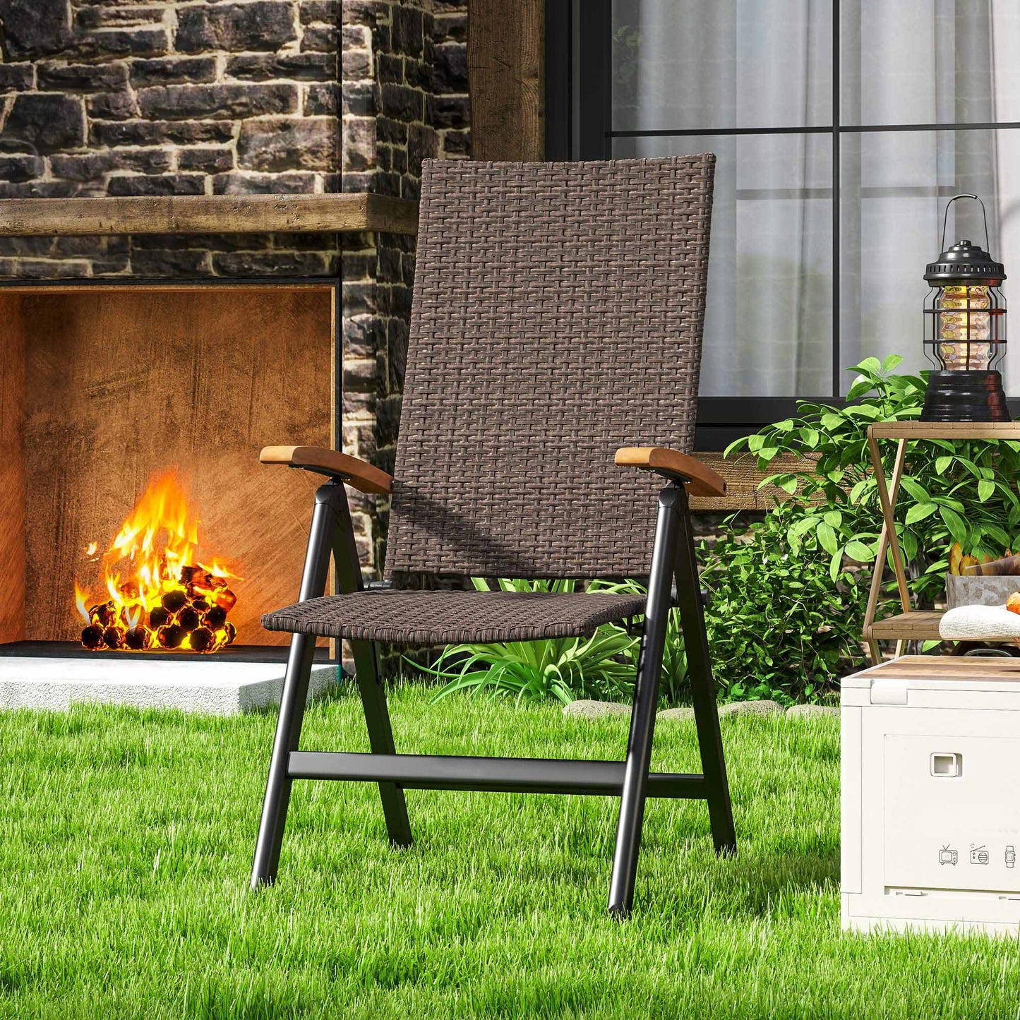 Outsunny Outdoor Folding Rattan Chair with Armrests, High Backrest, for Garden, Camping, Balcony, Porch - Brown