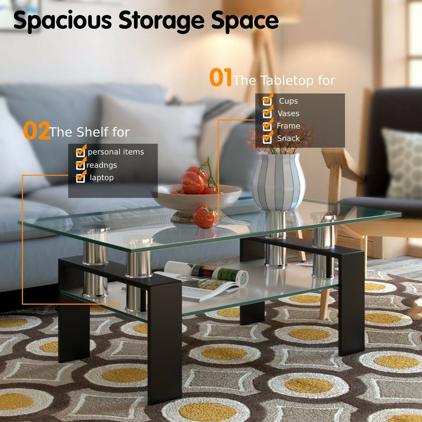 Modern Glass Coffee Tea Table with Open Shelf-Black