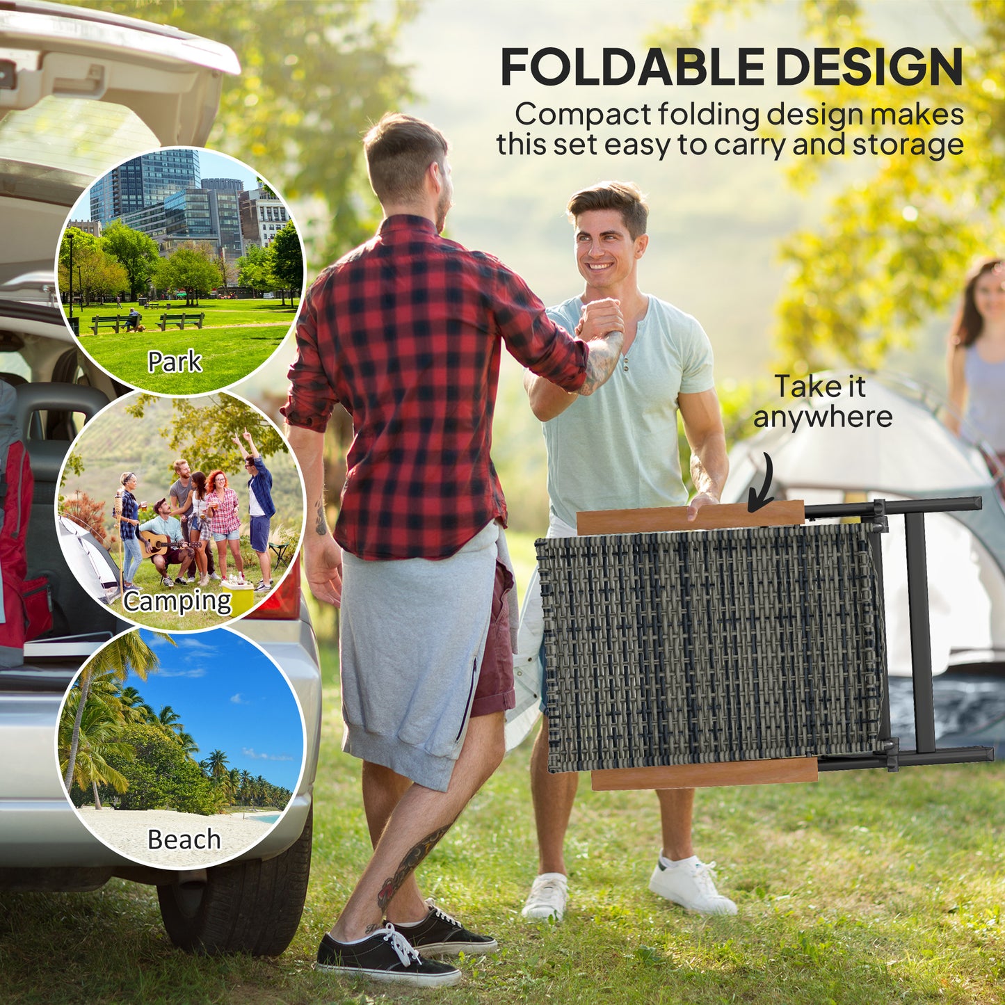 Outsunny 2 Pieces Outdoor Foldable Dining Chair with Armrests, High Backrest, for Garden, Camping, Balcony, Mixed-grey
