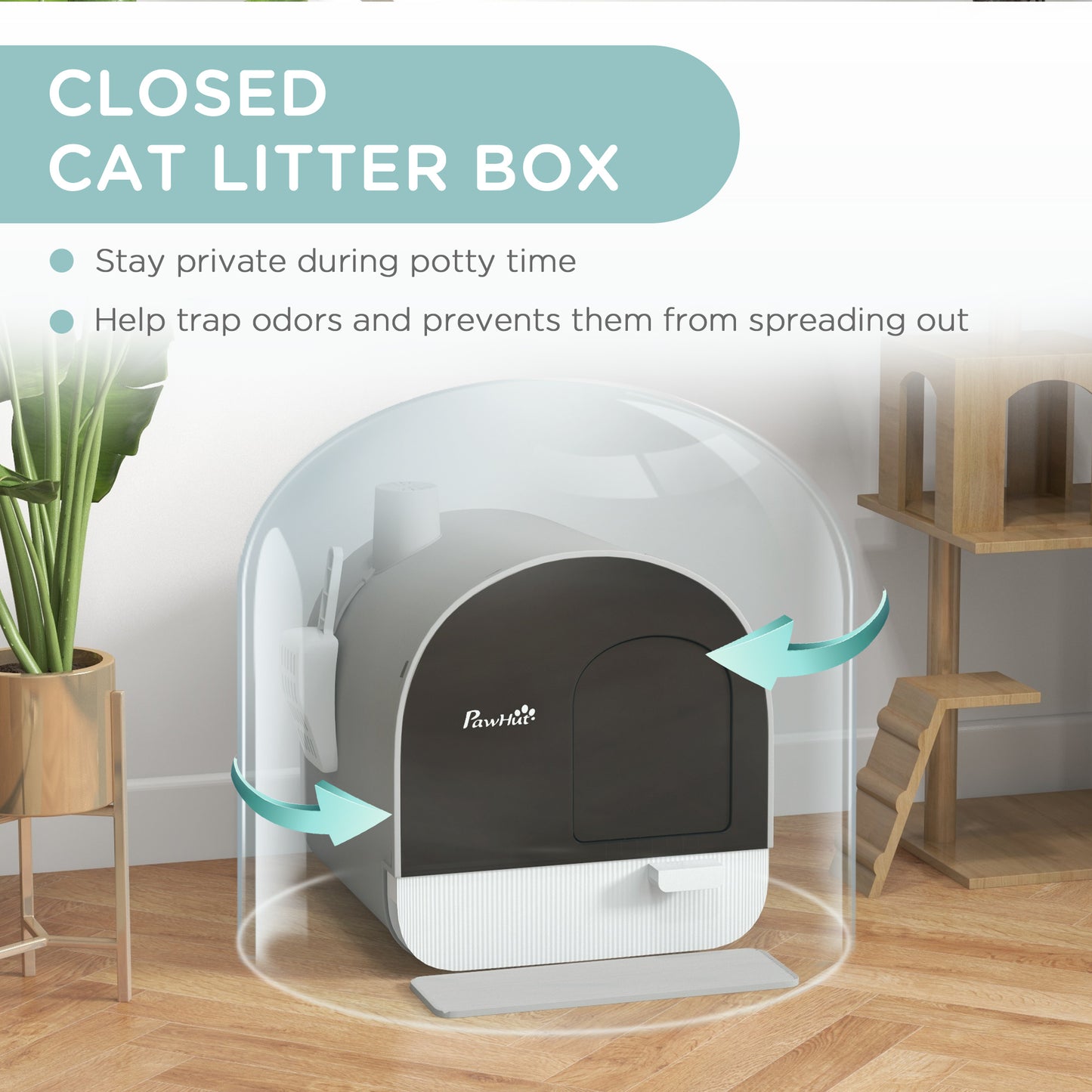 PawHut Hooded Cat Litter Box, Kitten Litter Tray, with Lid, Scoop, Filter, Flap Door, Light Grey