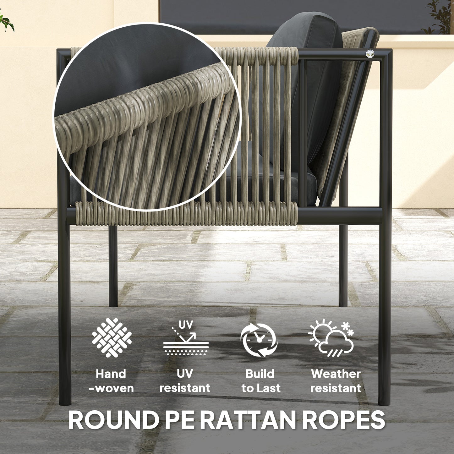 Outsunny 4 Piece Rattan Garden Furniture Set, 4 Seater Wicker Outdoor Furniture Set with 2 Armchairs, Loveseat, Glass Top Coffee Table and Cushions for Balcony, Porch, Grey