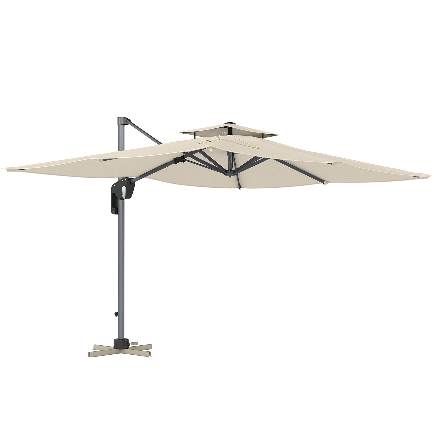 Outsunny 3.7 x 2.7 m Cantilever Parasol w/ 360° Rotation and Easy Tilt Adjustment, Aluminium Hanging Offset Outdoor Umbrella w/ Double Top and Cross Base, UPF50+ Hanging Sun Shade, Grey Wood Effect