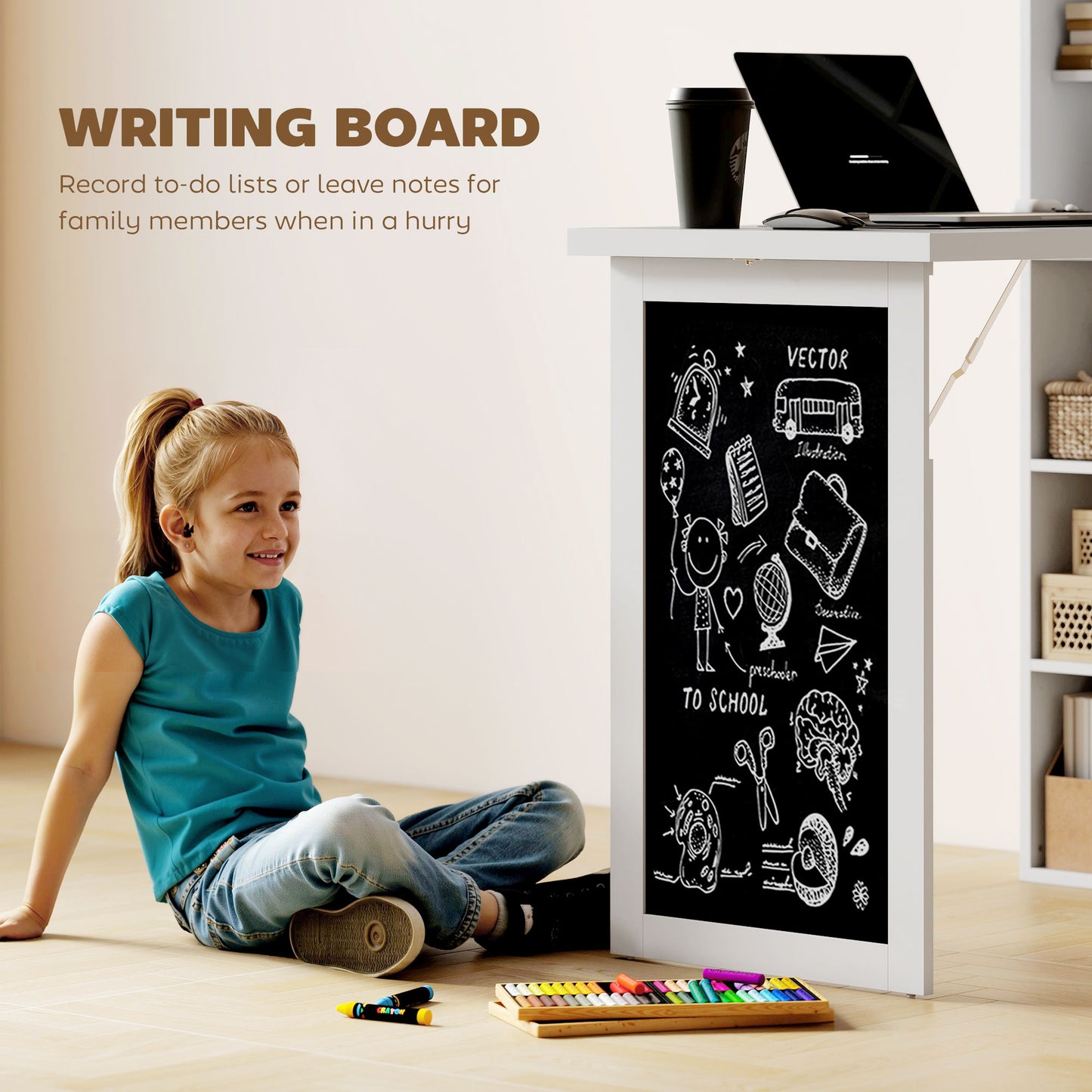 HOMCOM Wall Mounted Computer Desk, Folding Study Table with Black Board and Bookshelf, Multifunctional Floating Writing Desk for Home Office, White