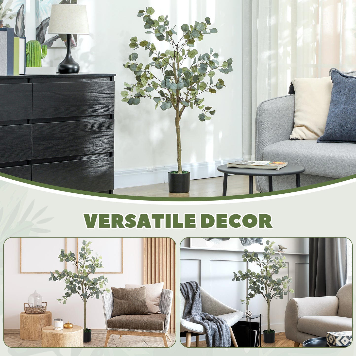HOMCOM Decorative Artificial Tree, 5ft/ 150cm Silk Eucalyptus Tree with 230 Silver Dollar Leaves in Pot, Fake Plant for Home, Office, Living Room, Indoor Decor