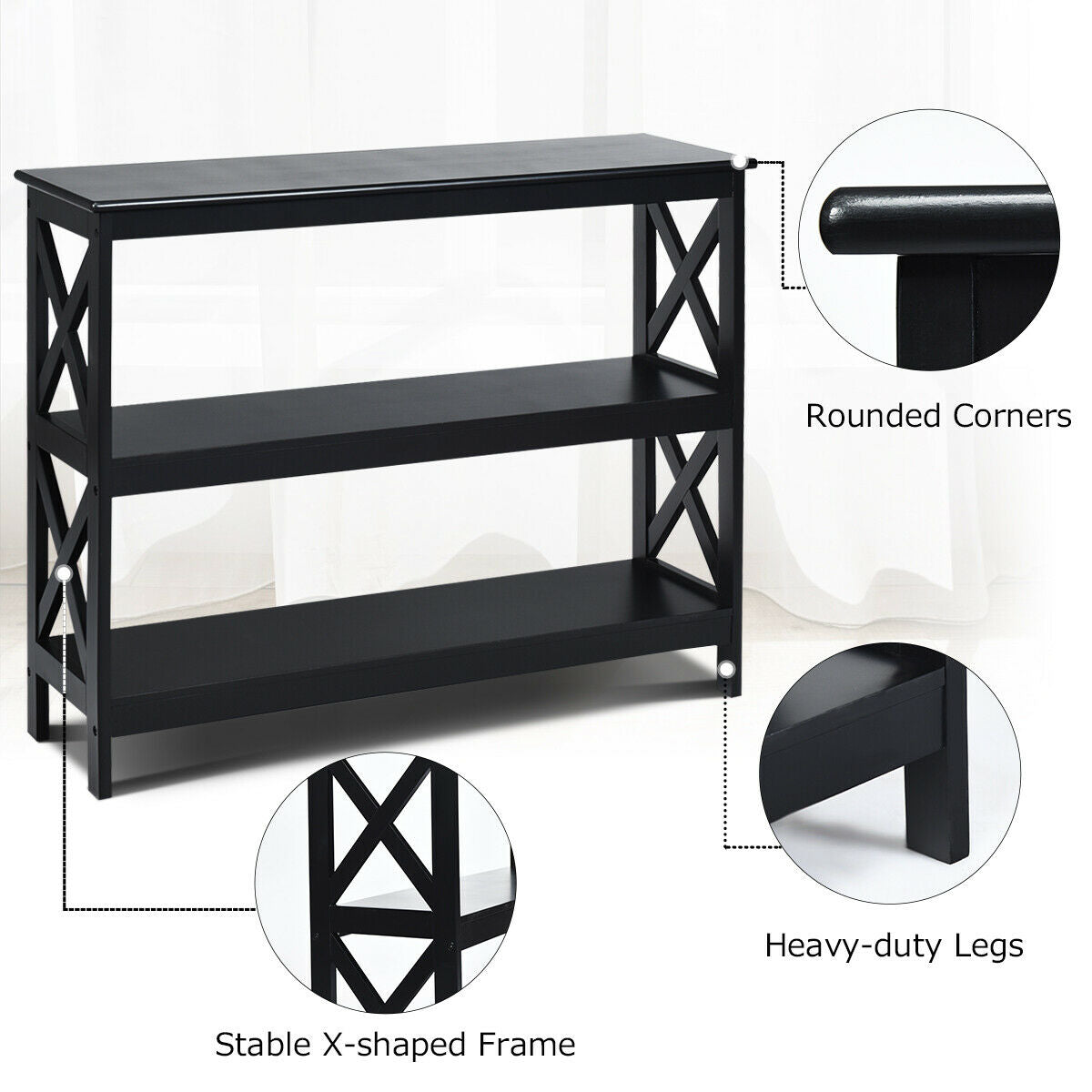 Industrial 3-Tier Console Table with Storage Shelf-Black