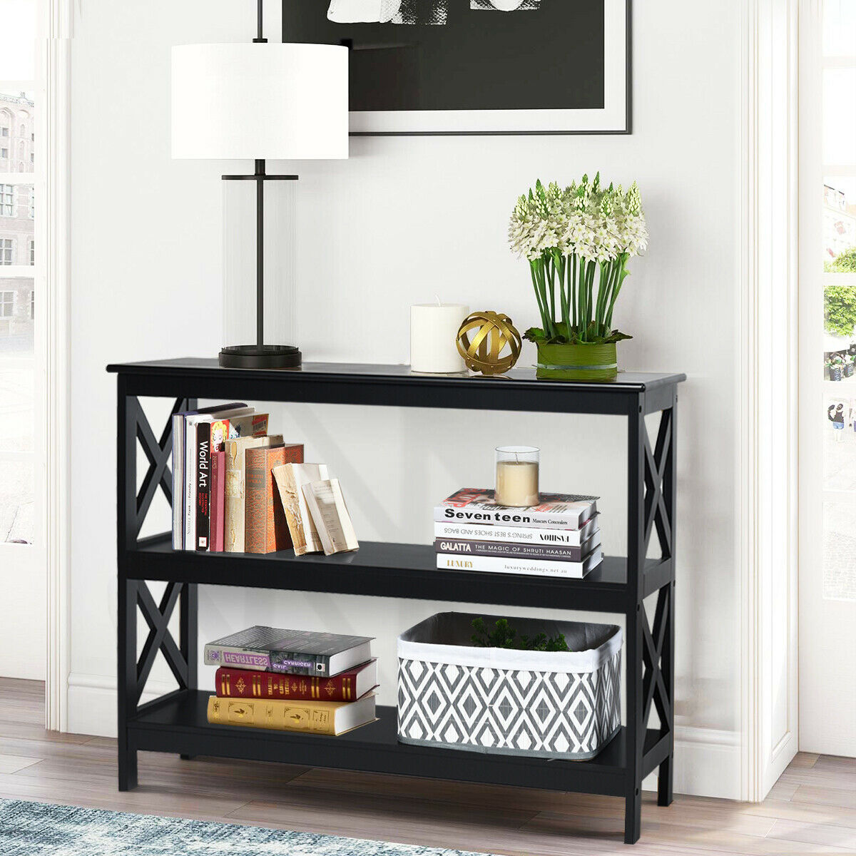 Industrial 3-Tier Console Table with Storage Shelf-Black