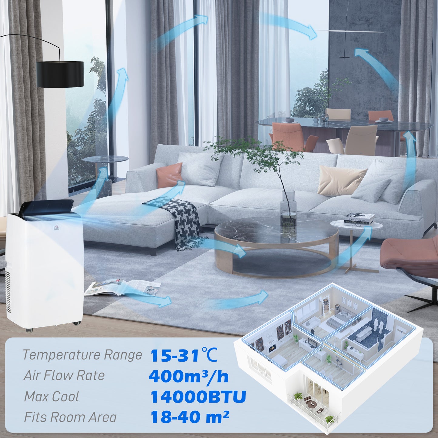 HOMCOM 14000 BTU Air Conditioning Unit, 3-in-1 Portable Air Conditioner, Dehumidifier, Fan with 3 Speeds, Sleep Mode, Remote, LED Display, 24H Timer, Window Venting Kit, Children Lock, 430 sq.ft