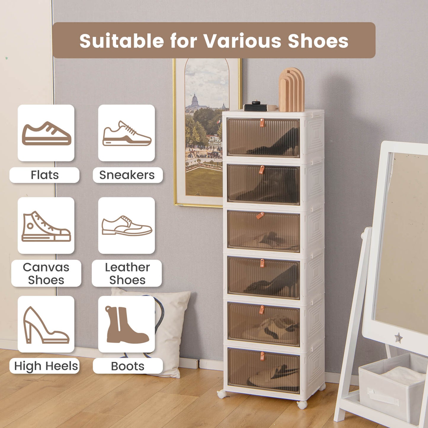 3/4/6-Tier Stackable Shoe Storage Box with Lockable Wheels-5-Tier