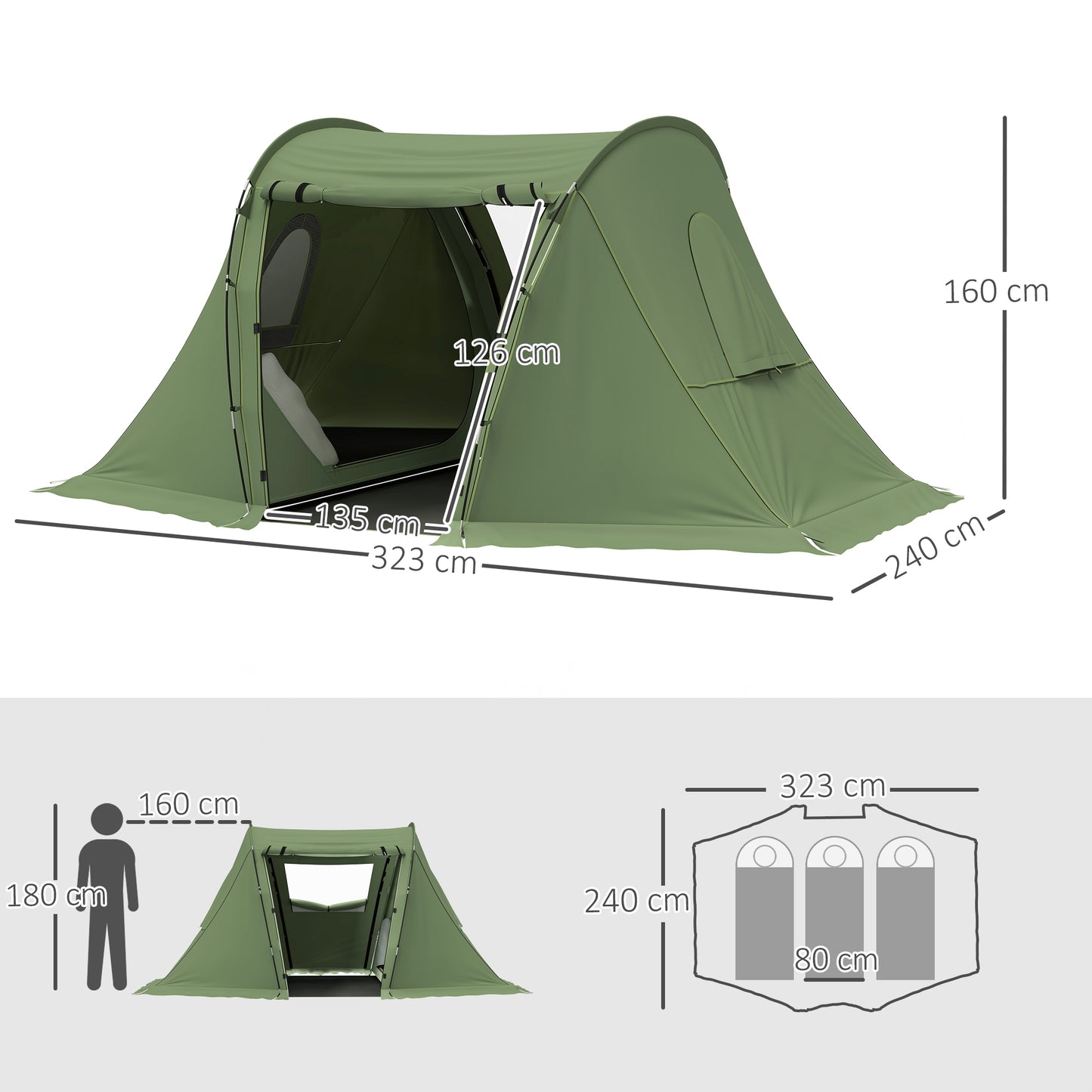 Outsunny 3 Man Camping Tent with Living Area and 2 Bedrooms, 3000mm Waterproof Family Tent with Sewn-in Groundsheet, Portable with Bag for Hiking, Festival, Backpacking, Green