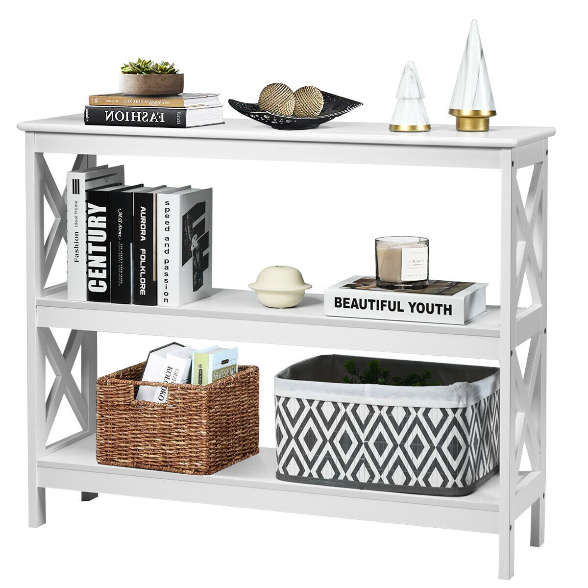 Industrial 3-Tier Console Table with Storage Shelf-White