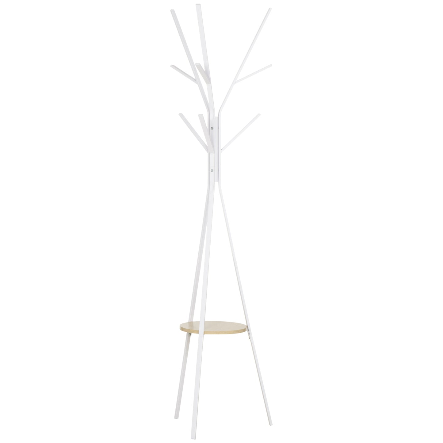 HOMCOM Freestanding Metal Coat Rack Stand 9 Hooks Clothes Tree with 1 Shelf Hat Display Hall Tree Hanger Bag Umbrella Hanging Organiser White