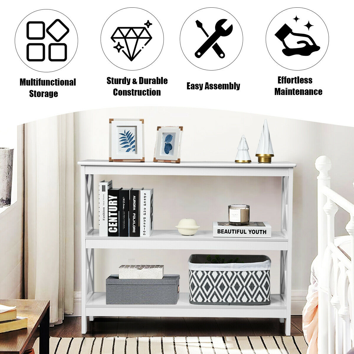 Industrial 3-Tier Console Table with Storage Shelf-White