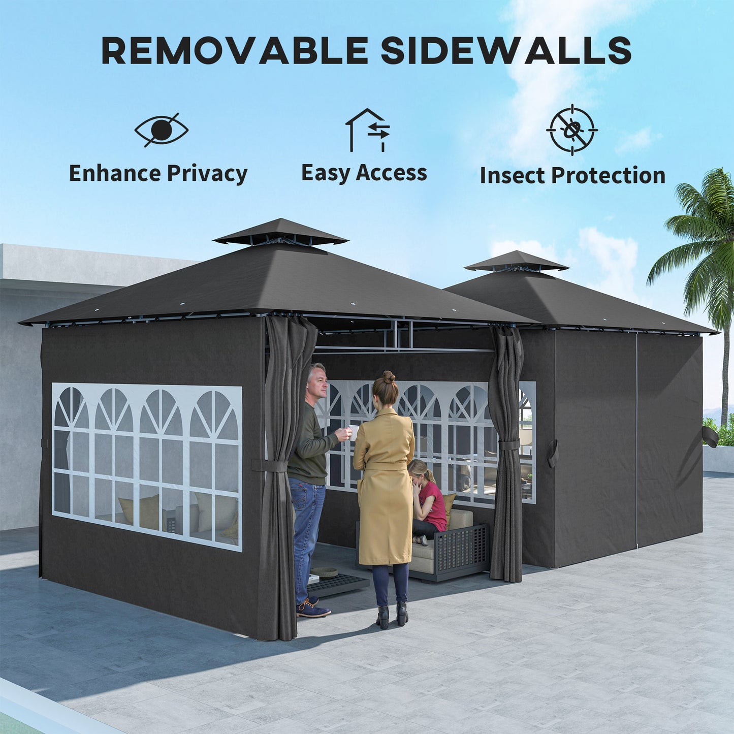 مظلة حديقة من Outsunny مقاس 3 × 3 أمتار، مظلة معدنية ذات سقف مزدوج مع جدران جانبية قابلة للإزالة ونوافذ للكنيسة، مظلة خارجية، رمادية داكنة