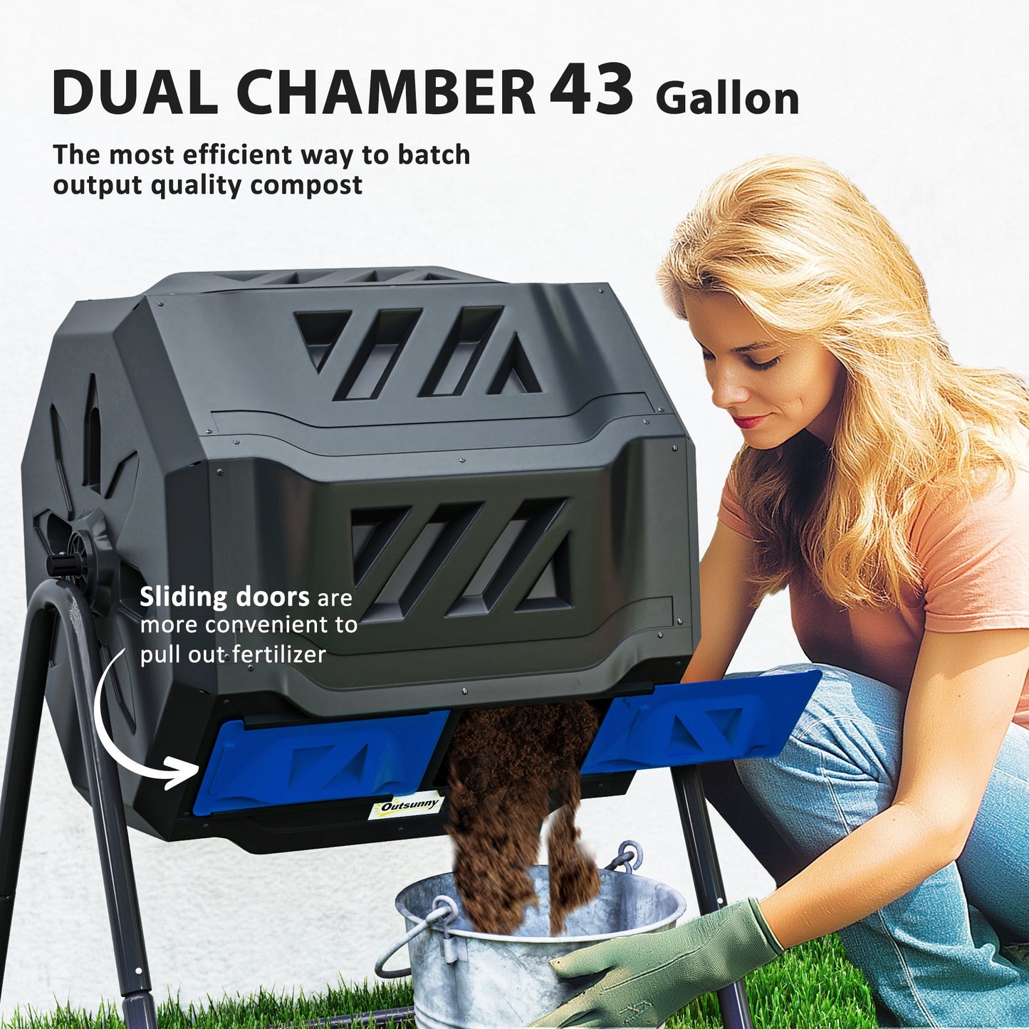 Outsunny 160L 360° Rotating Dual Chamber Composter - Blue