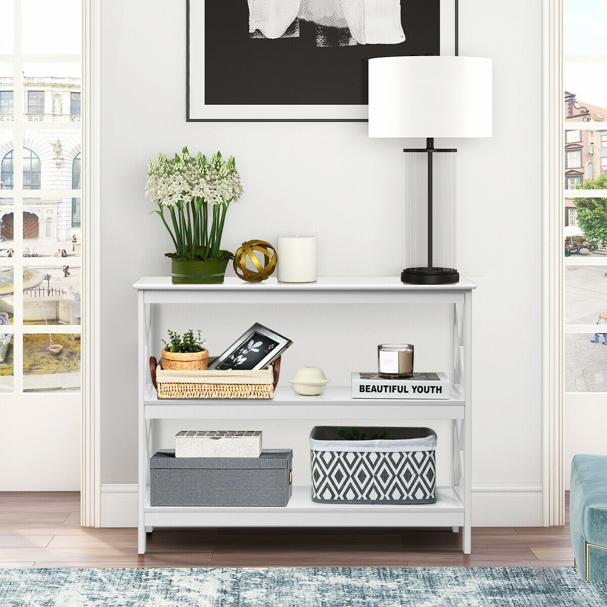 Industrial 3-Tier Console Table with Storage Shelf-White