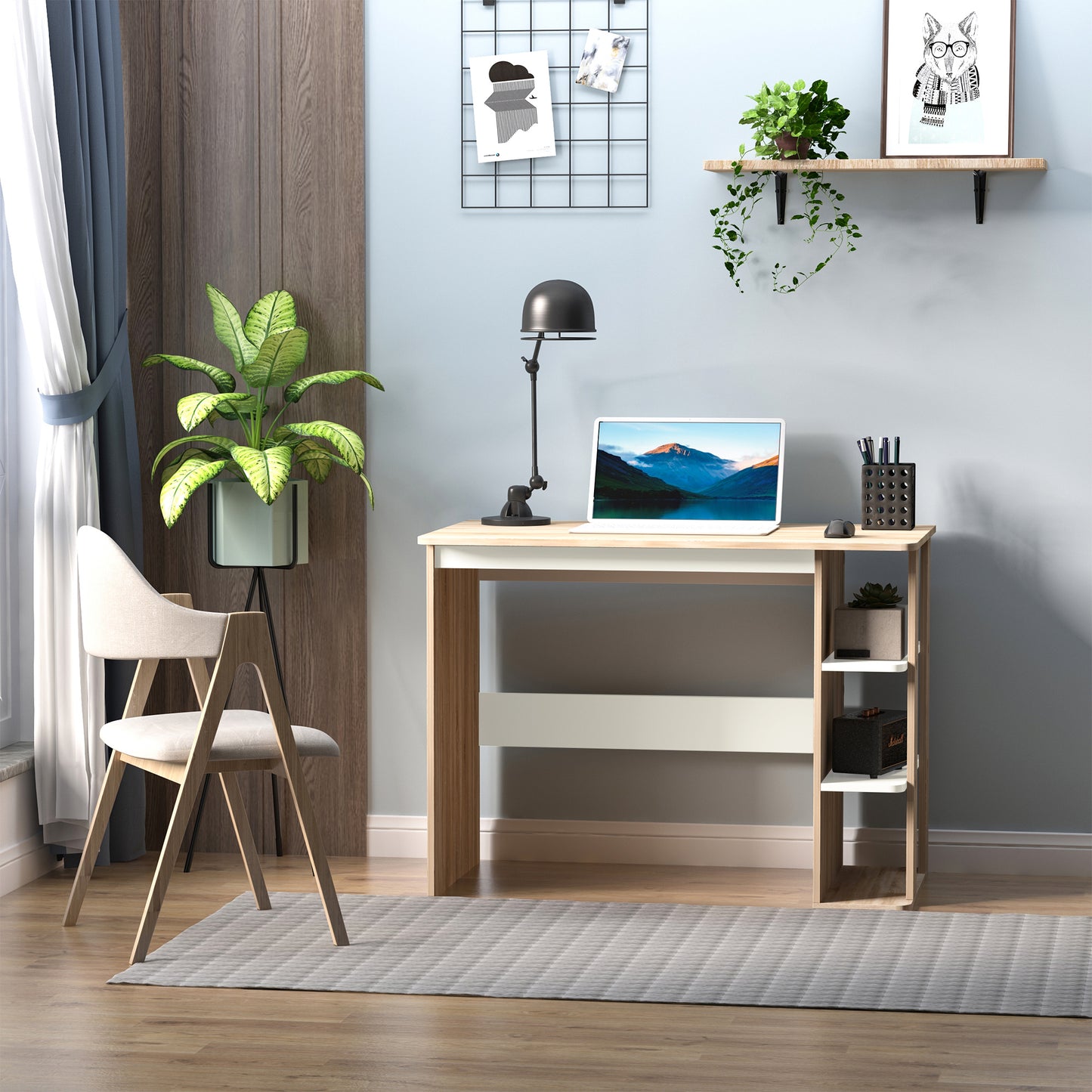 HOMCOM Computer Desk, Writing Desk with 3-Tier Storage Shelf, Work Table for Home Office, Study, Living Room, Oak and White