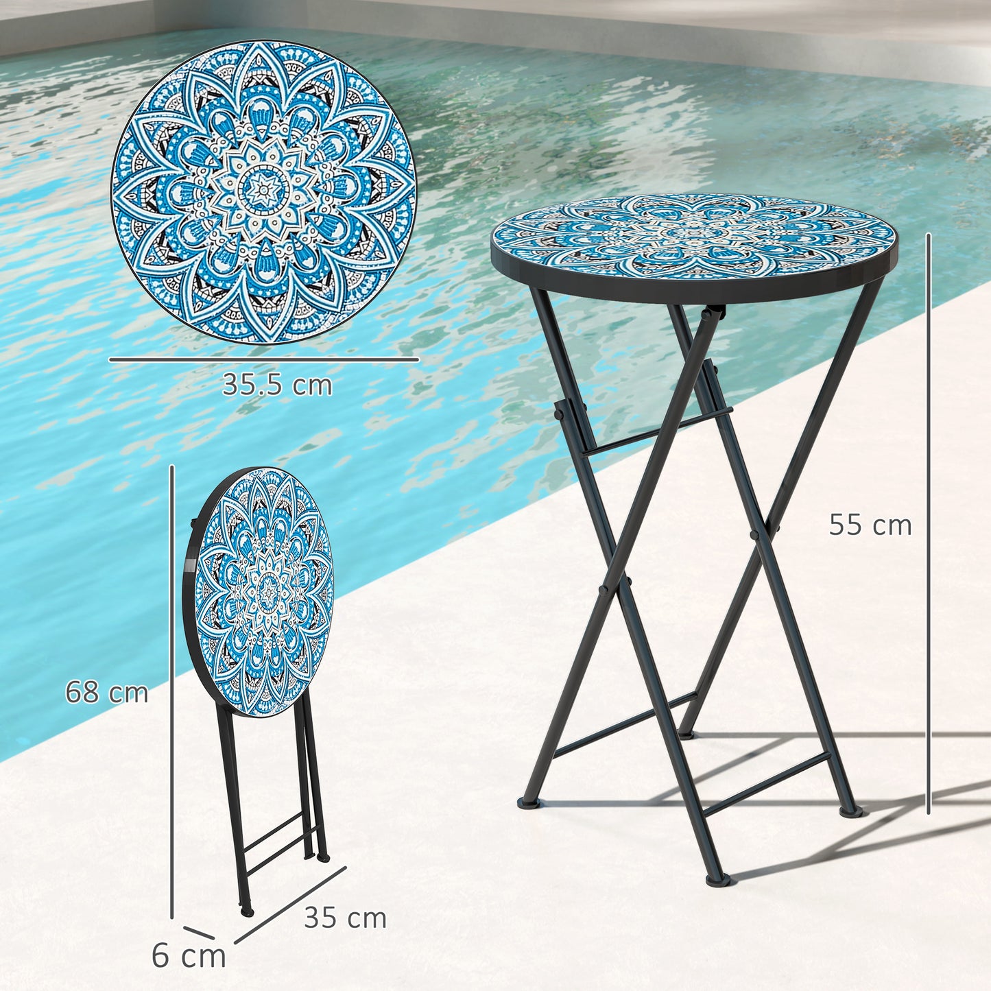 طاولة خارجية للحديقة من Outsunny Mosaic، طاولة قهوة مستديرة قابلة للطي مقاس 35.5 سم بإطار معدني للشرفة والتراس، لون أزرق
