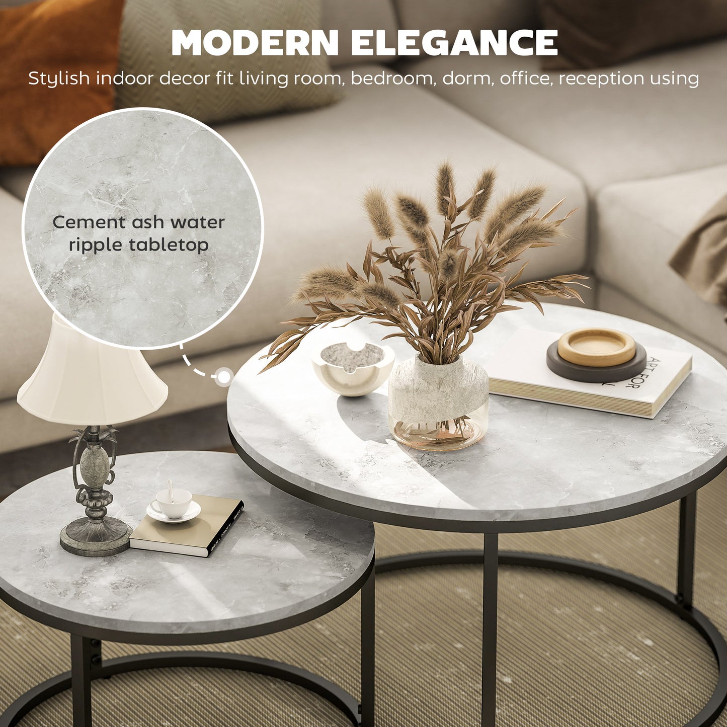 HOMCOM Set of Two Marble-Effect Stacking Tables - Wood Grey